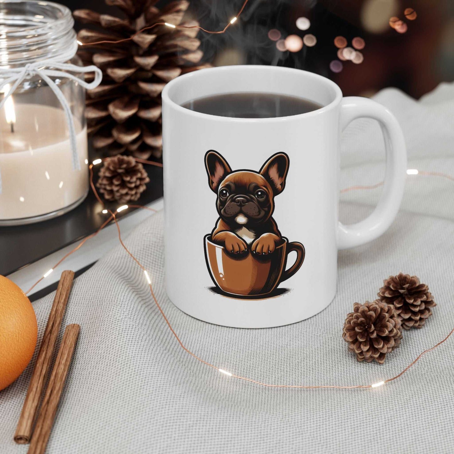 White mug with a dog illustration on a table with decorative items