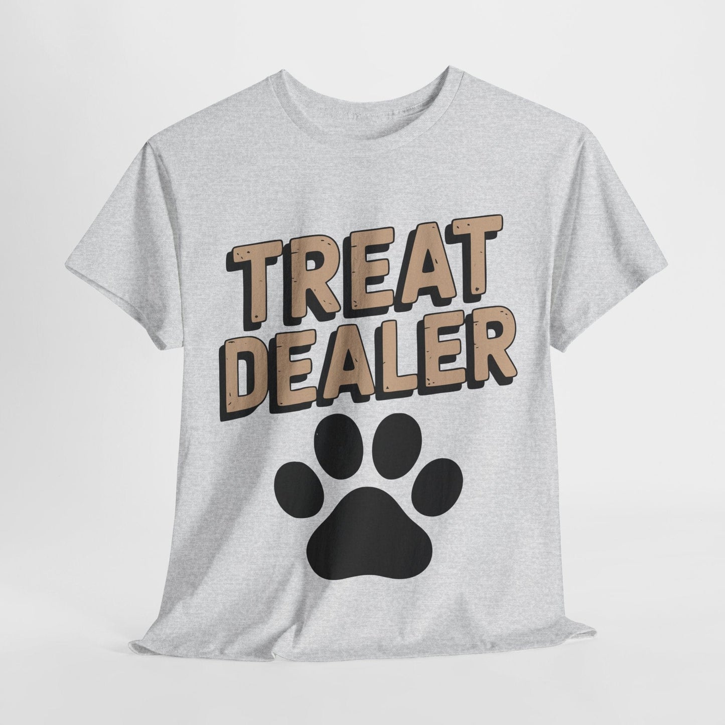 Gray t-shirt with 'Treat Dealer' text and paw print on a white background