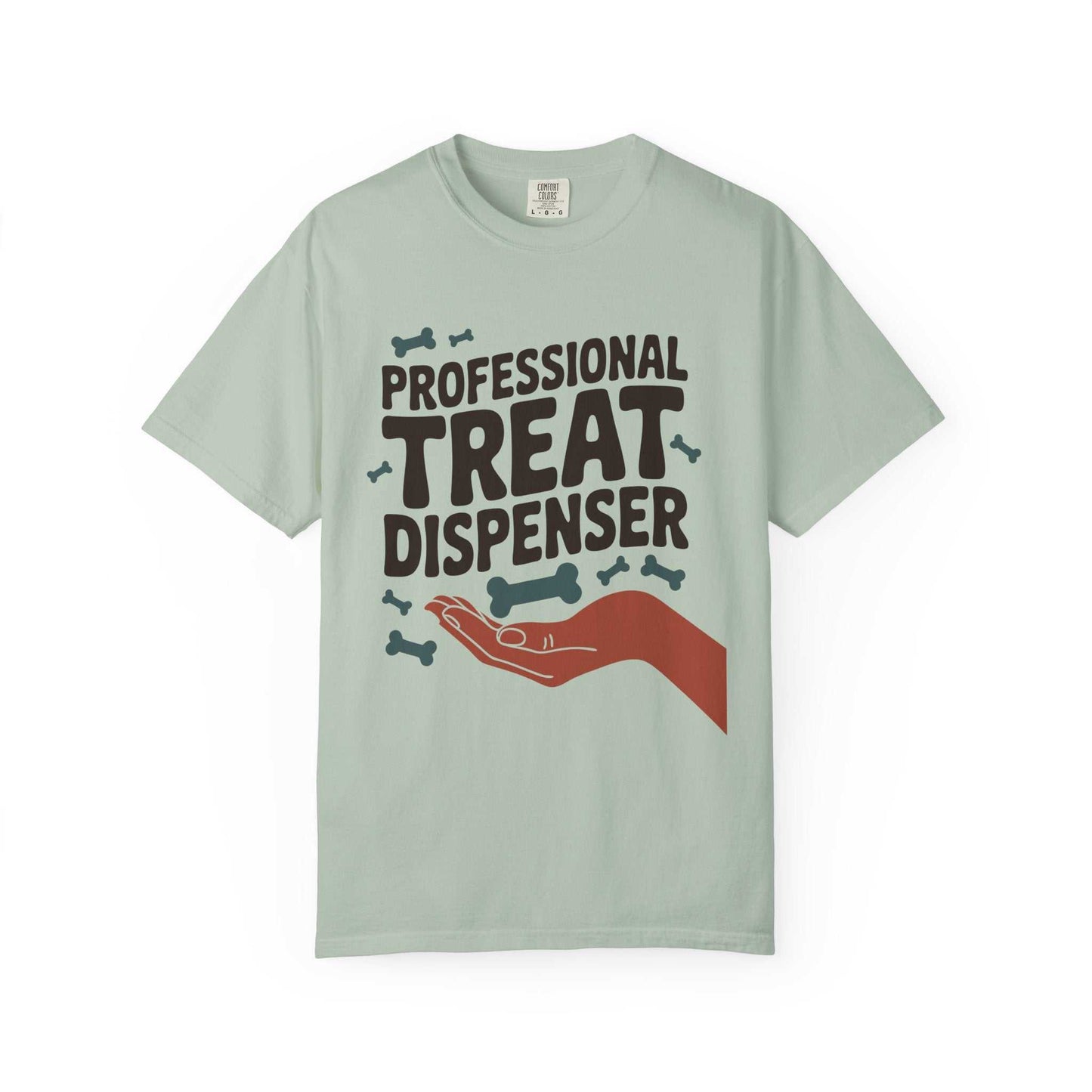 Light green t-shirt with 'Professional Treat Dispenser' text and graphic on a white background