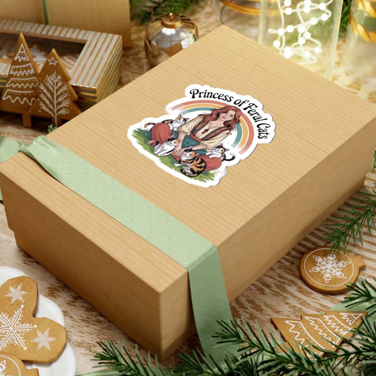 Wooden gift box with a decorative sticker on a festive background with cookies and lights