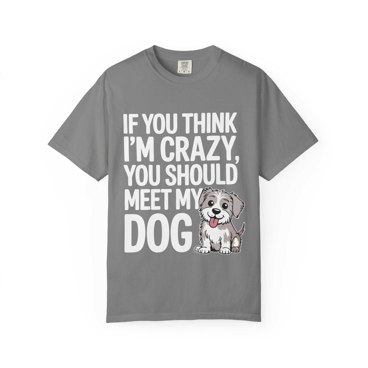 Gray t-shirt with text 'If you think I'm crazy, you should meet my dog' and a dog illustration on a white background.