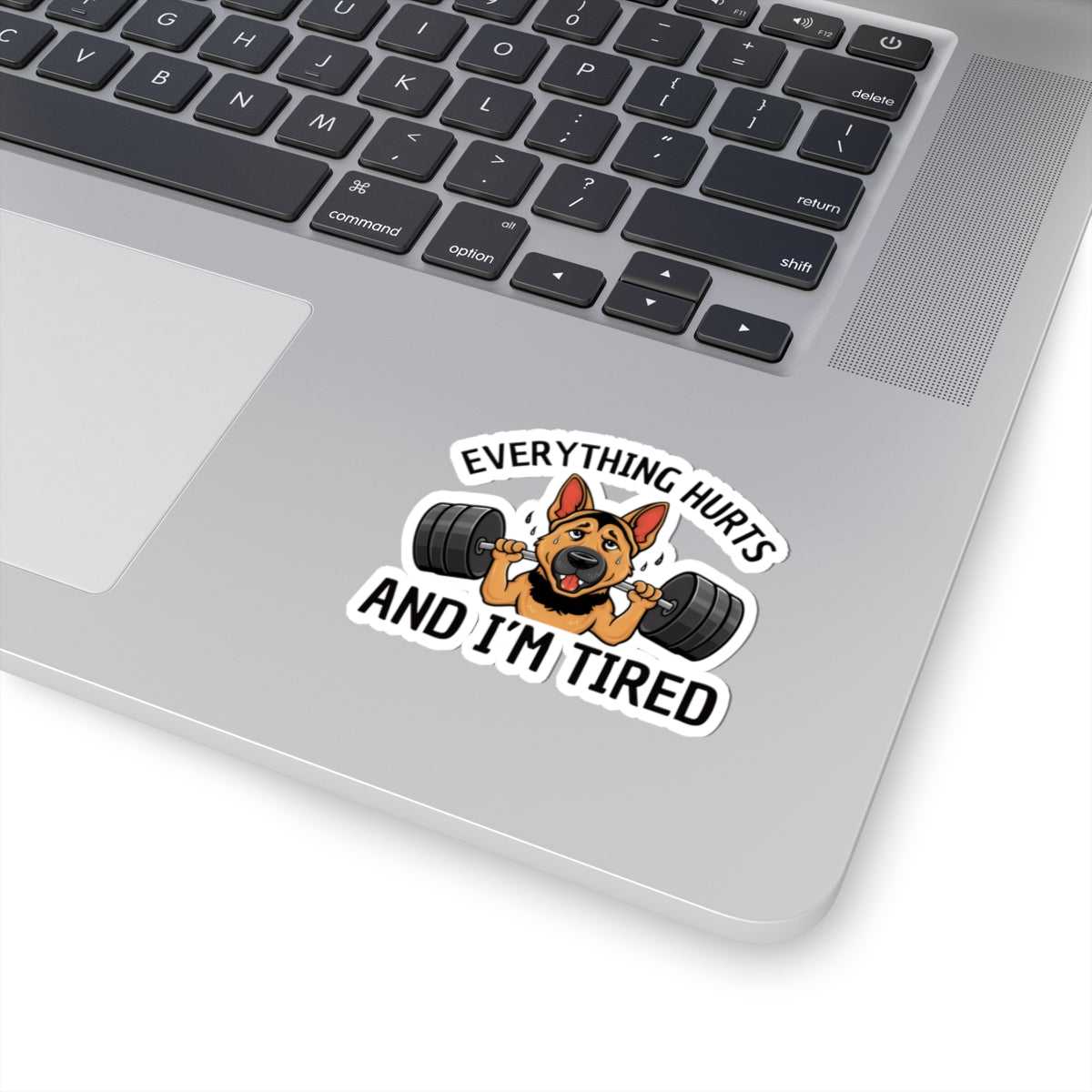 Laptop with a sticker of a dog lifting weights and text 'Everything hurts and I'm tired' on a white background.