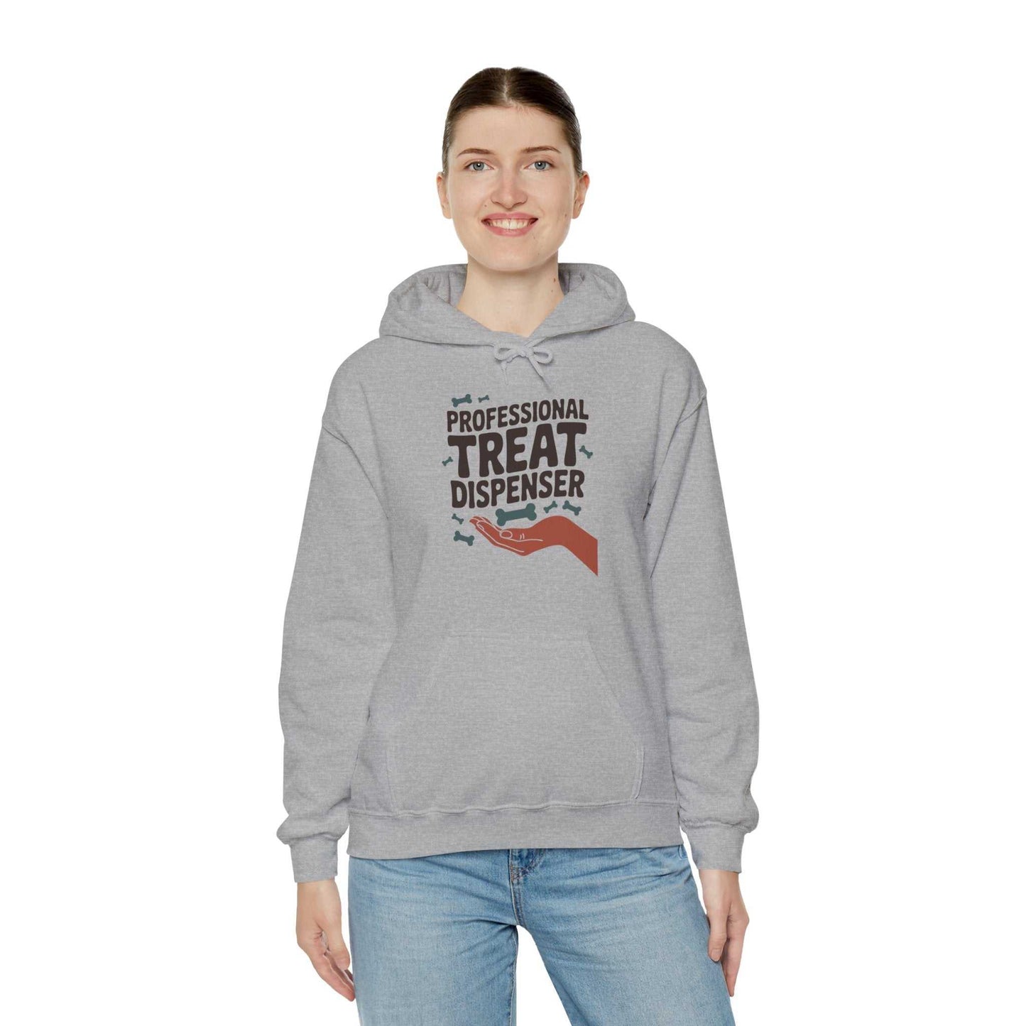 Person wearing a gray hoodie with 'Professional Treat Dispenser' text and graphic on a white background