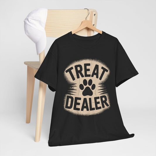 Black t-shirt with 'Treat Dealer' print on a wooden chair against a white background