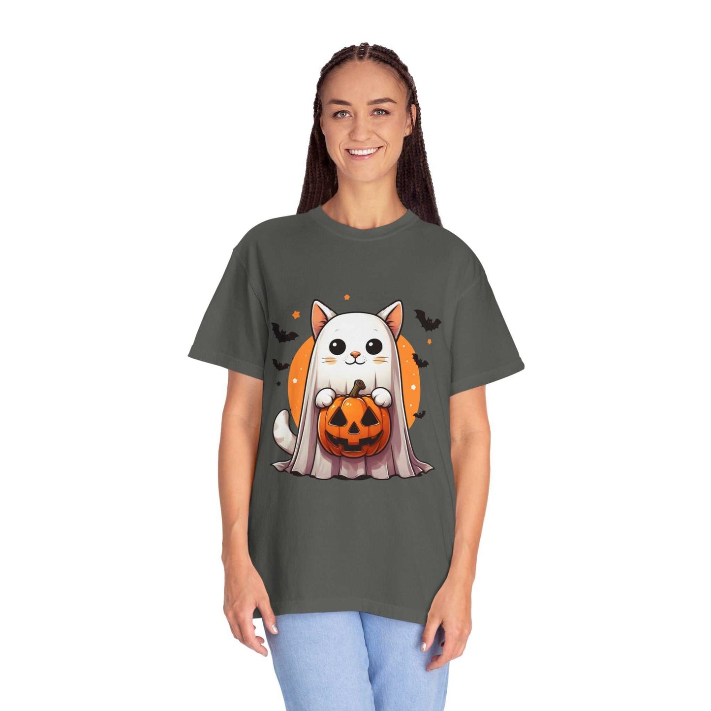 Person wearing a dark gray t-shirt with a Halloween-themed design of a cat and pumpkin.