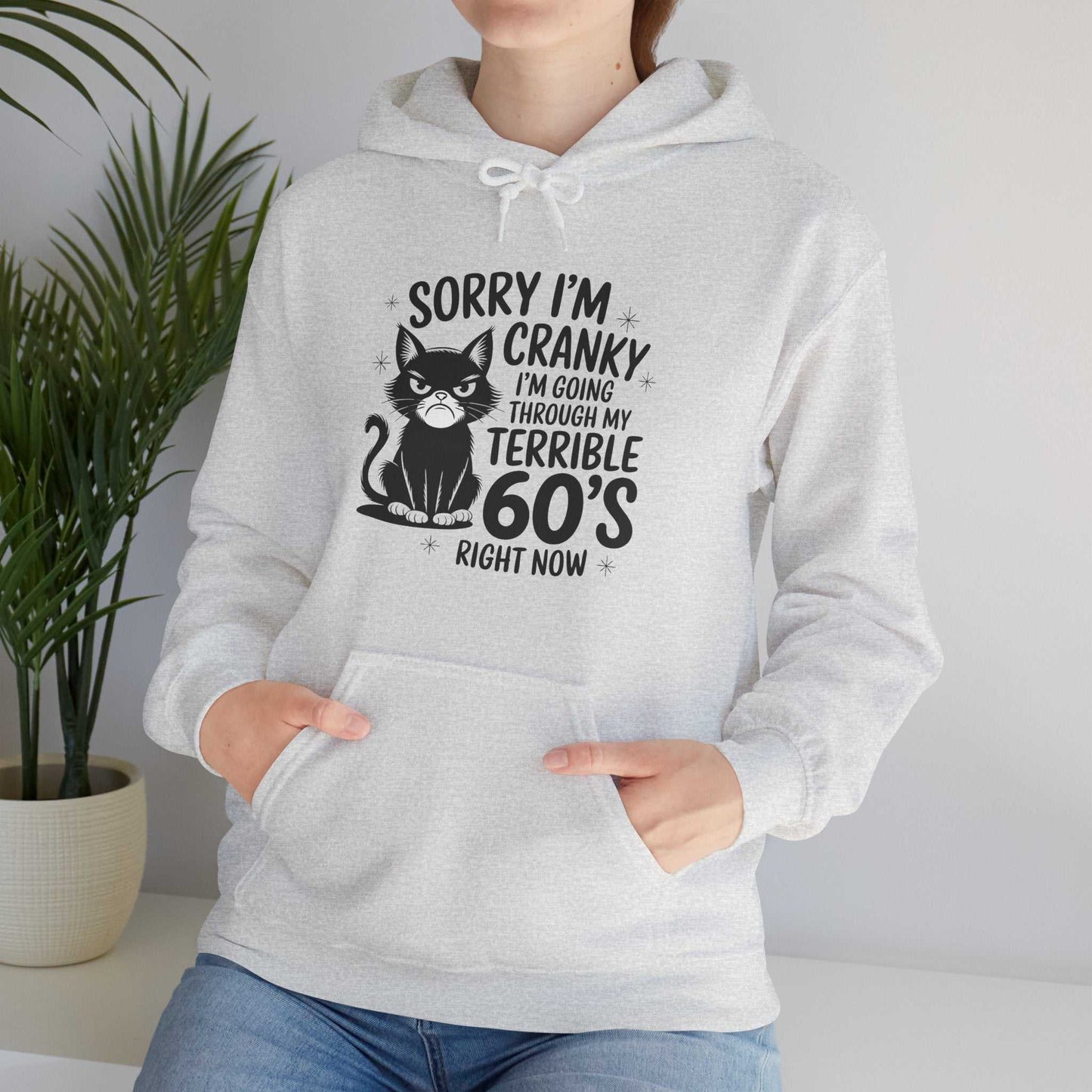 Person wearing a gray hoodie with a cat graphic and text, standing against a plain background.