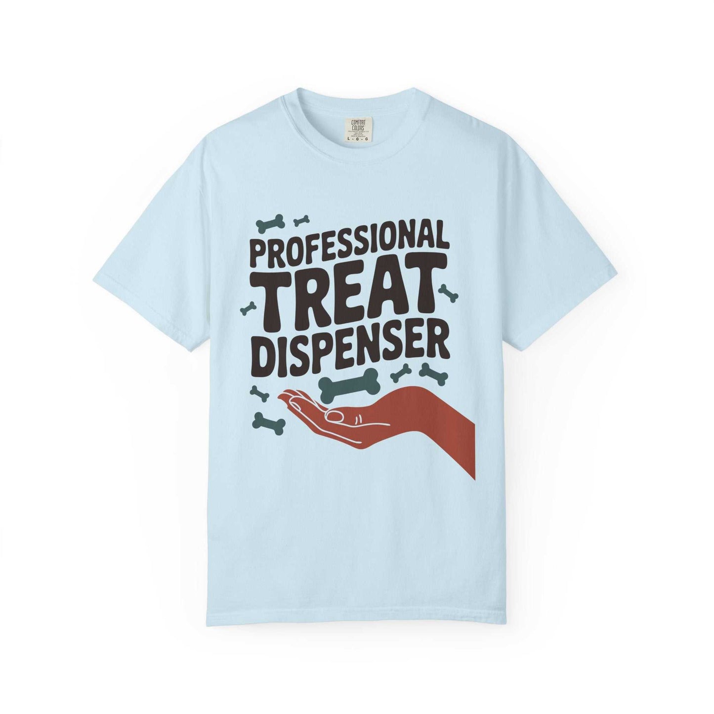 Light blue t-shirt with 'Professional Treat Dispenser' text and graphic on a white background