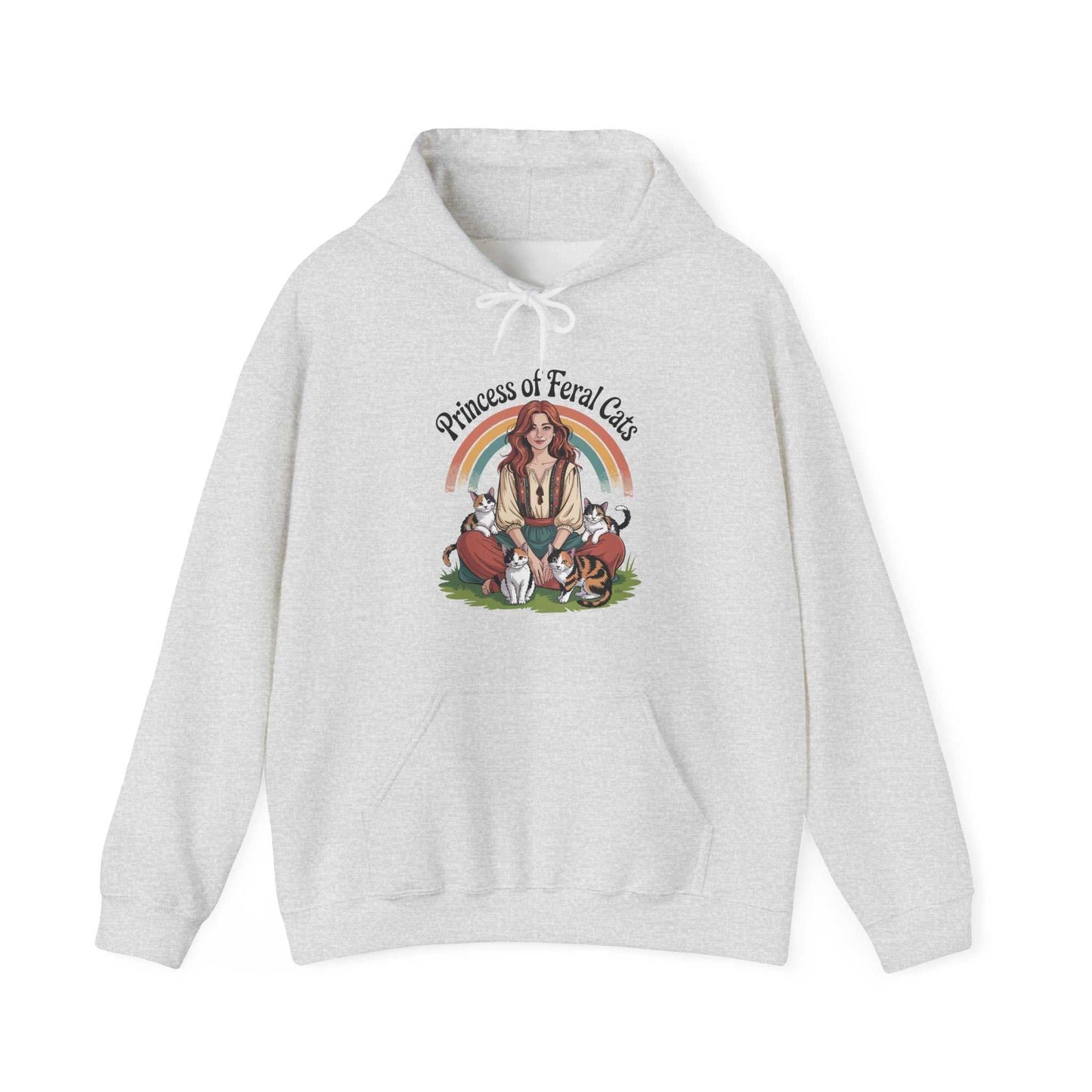 Gray hoodie with a graphic of a woman and cats, labeled 'Princess of Feral Cats', on a white background.