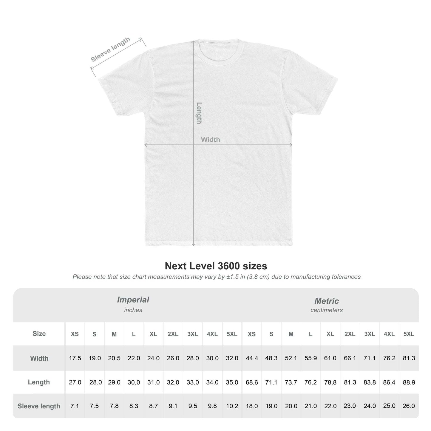 White t-shirt with measurement lines and a size chart for Next Level 3600 shirts.