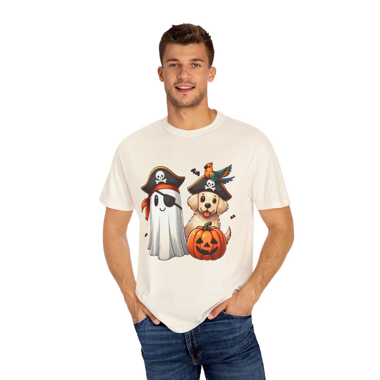Man wearing a white t-shirt with Halloween-themed graphics on a white background