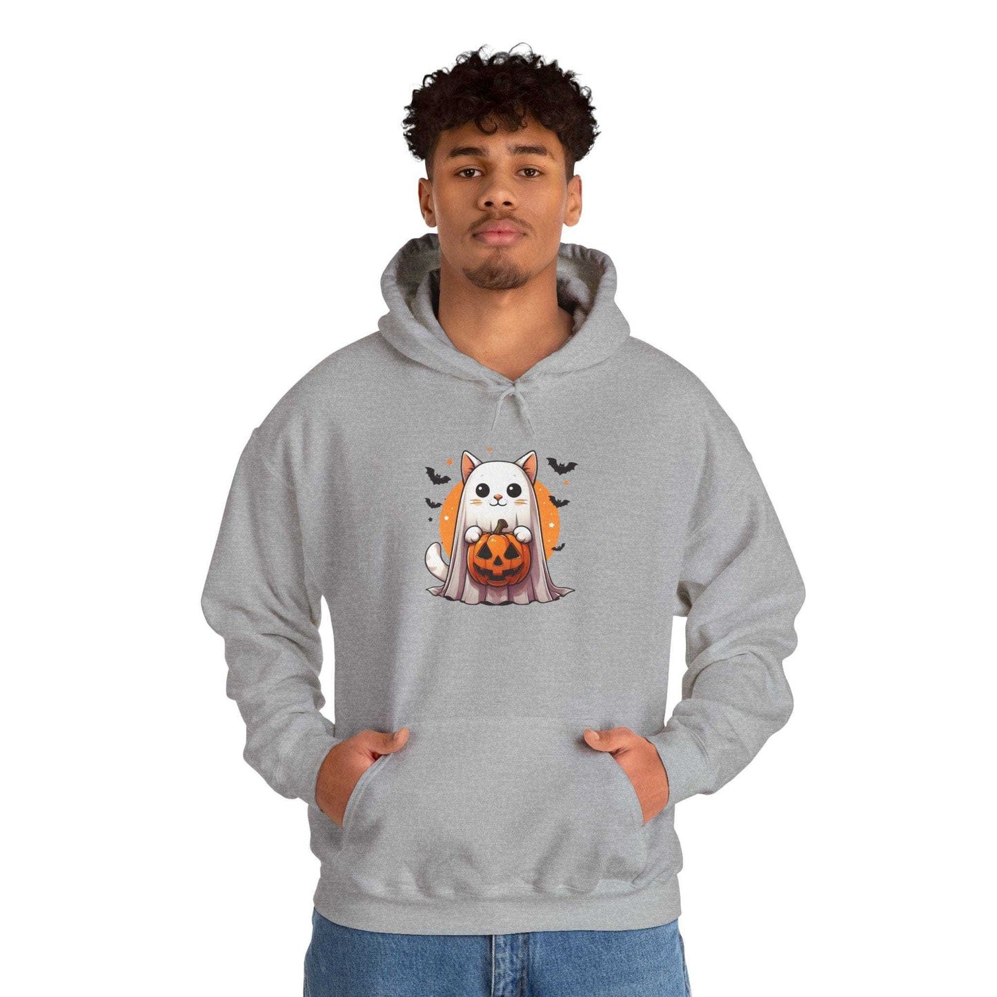 Person wearing a gray hoodie with a Halloween-themed design on a white background