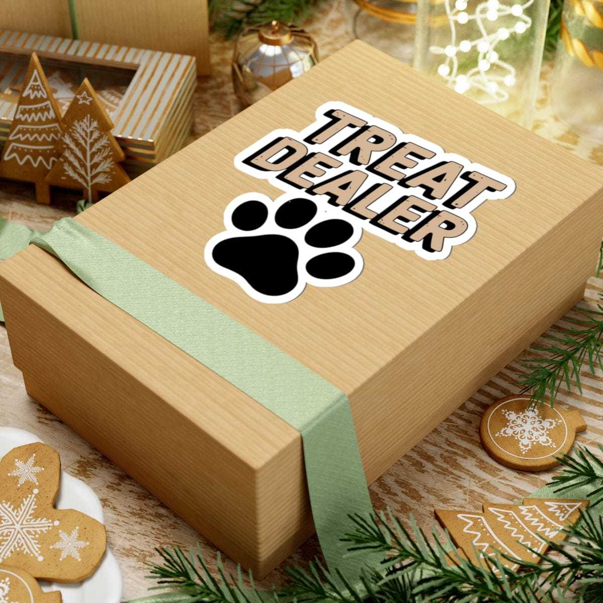 Wooden box labeled 'Treat Dealer' with a paw print on a festive background with cookies and lights.