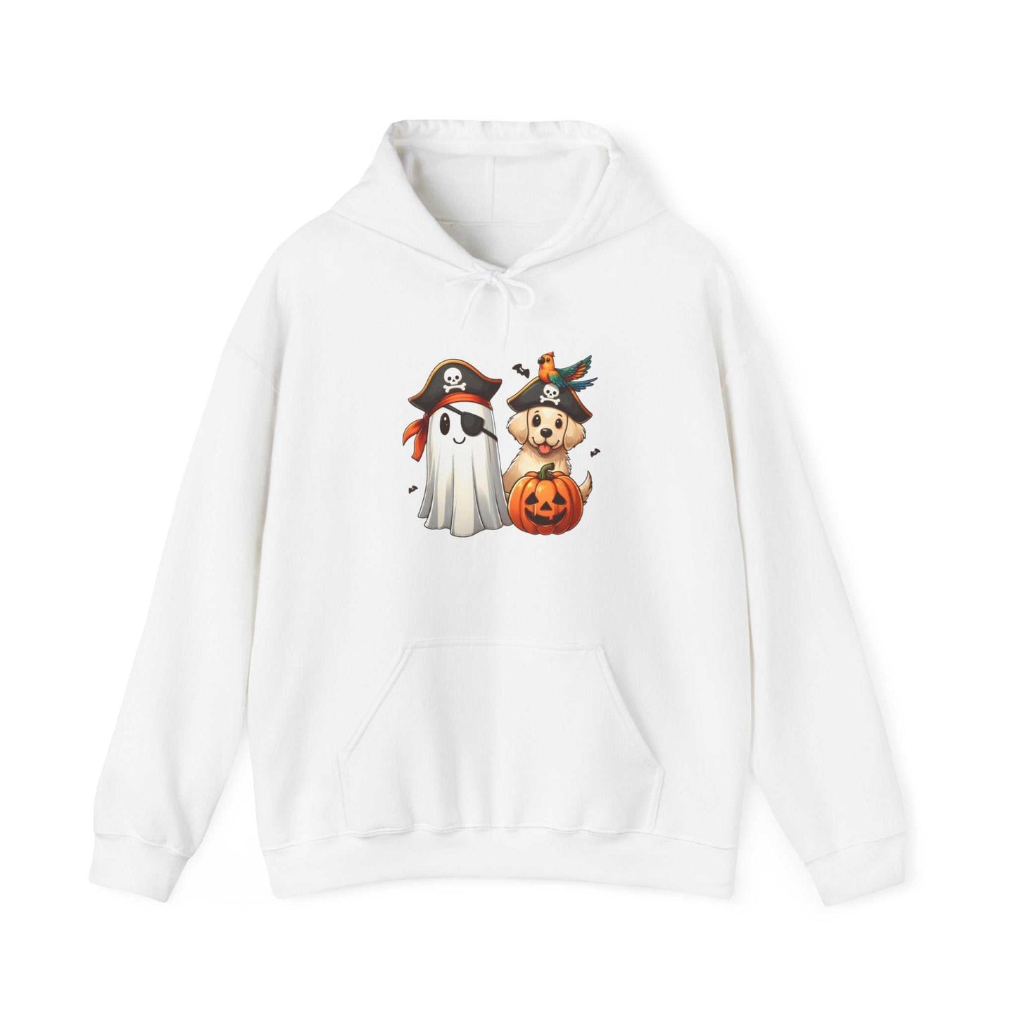 White hoodie with Halloween-themed graphics on a white background