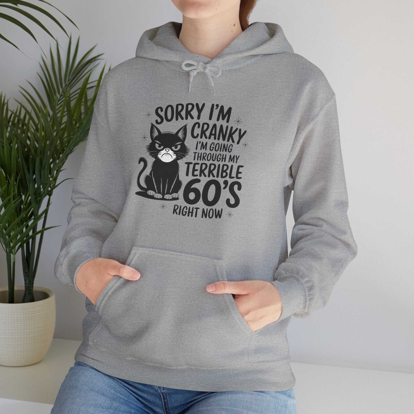 Person wearing a gray hoodie with a cat graphic and text, standing indoors with a plant in the background.