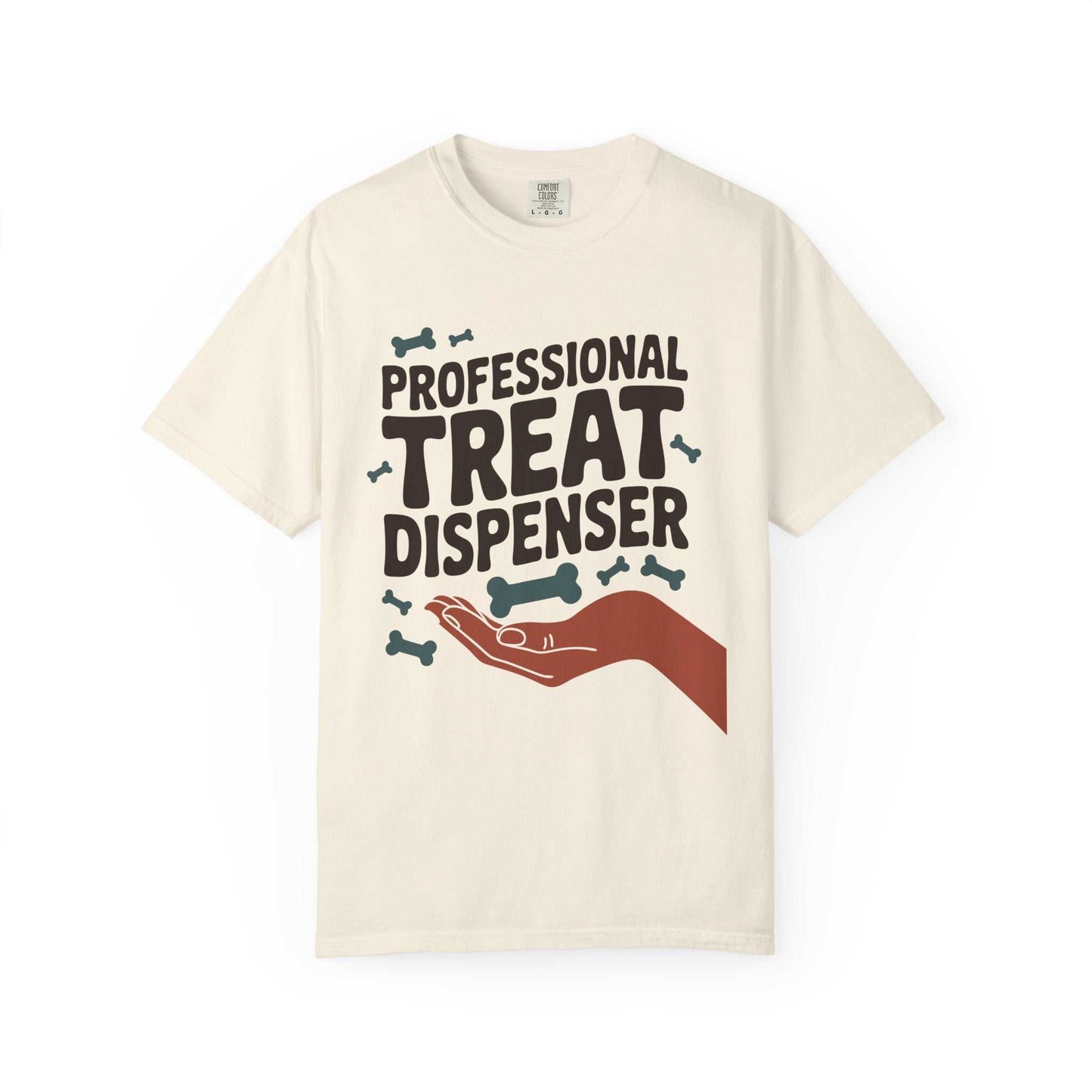 Beige t-shirt with 'Professional Treat Dispenser' text and graphic on a white background