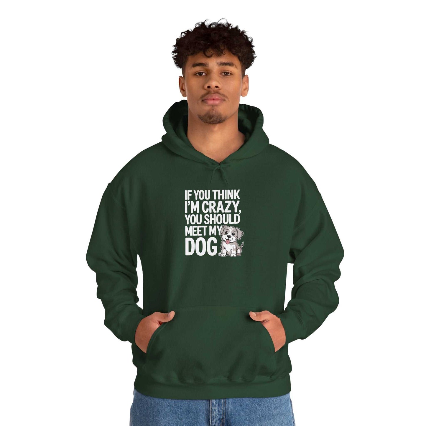 Person wearing a green hoodie with text and a dog graphic on a white background
