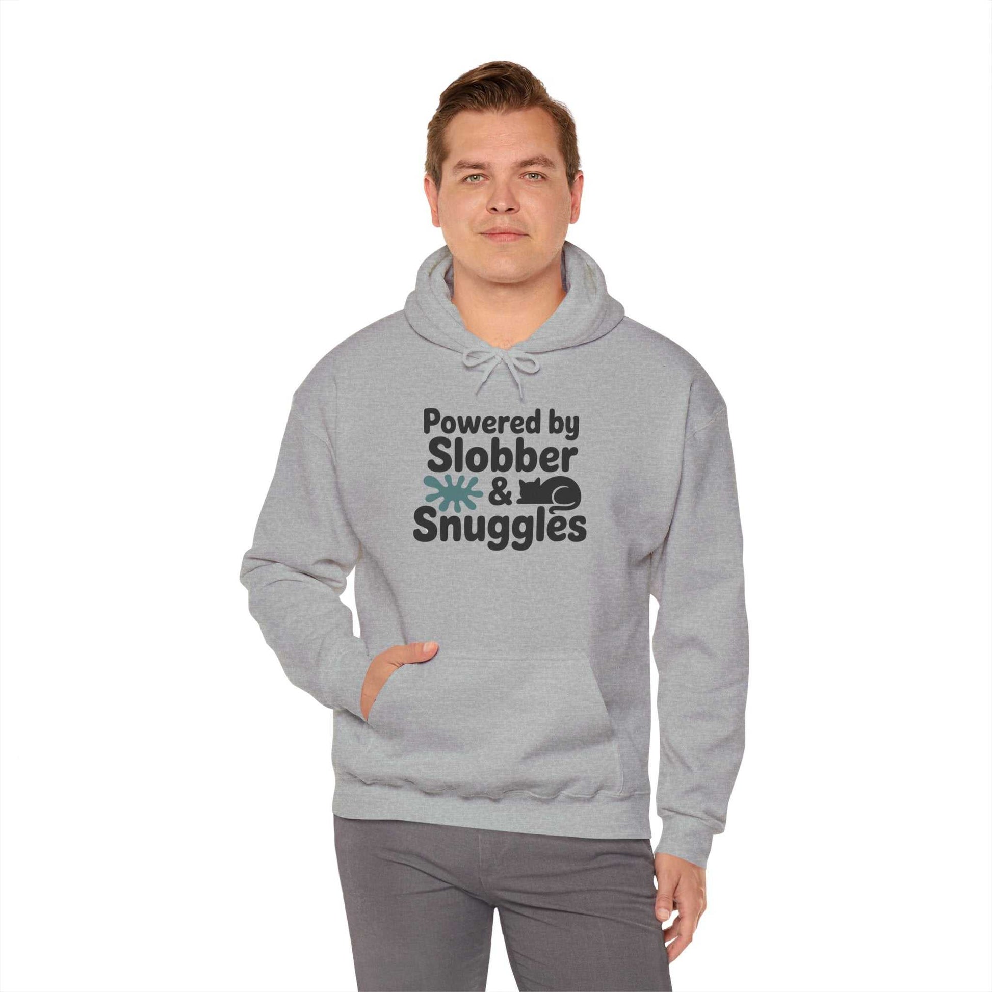 Man wearing a gray hoodie with text 'Powered by Slobber & Snuggles' on a white background