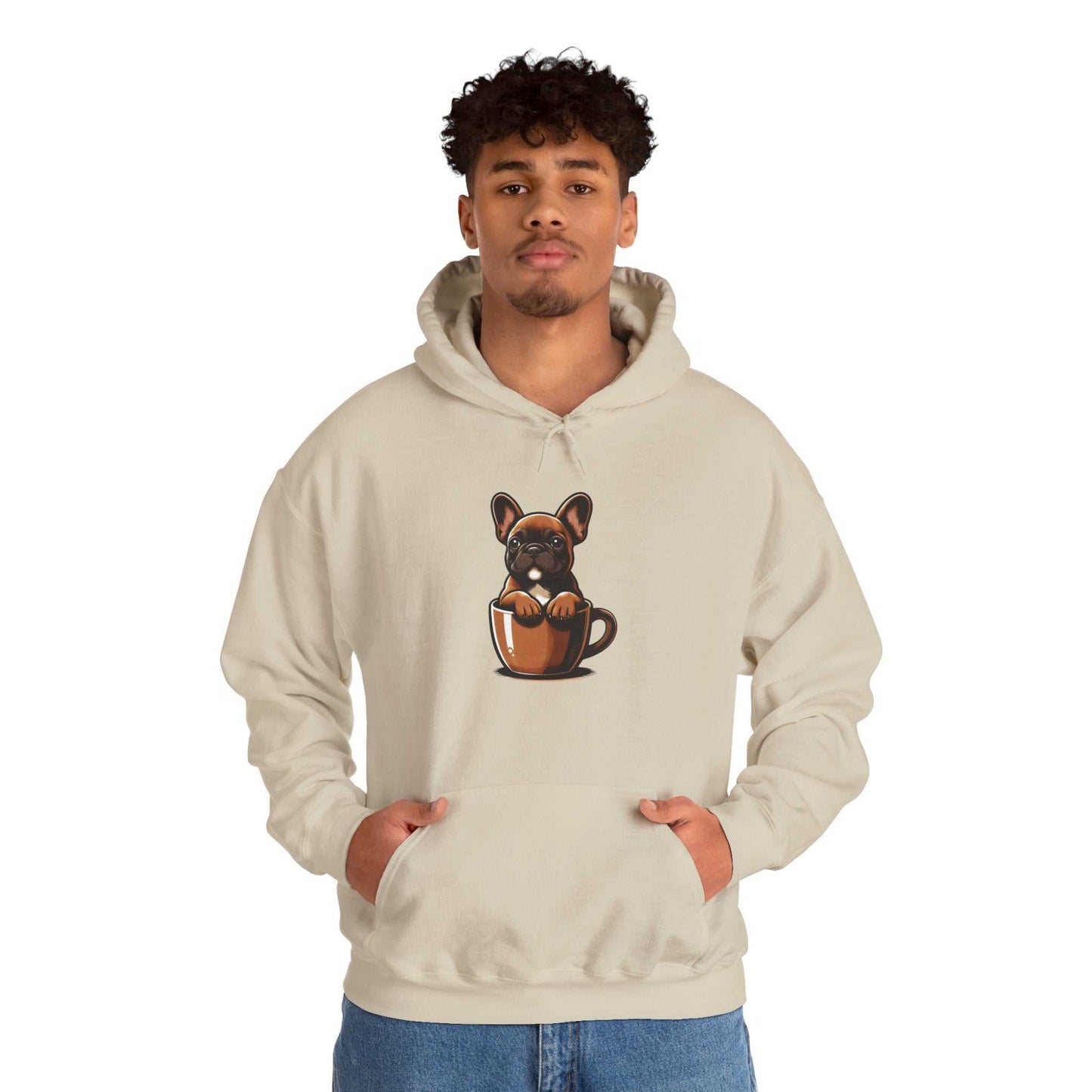 Person wearing a beige hoodie with a dog design on a white background