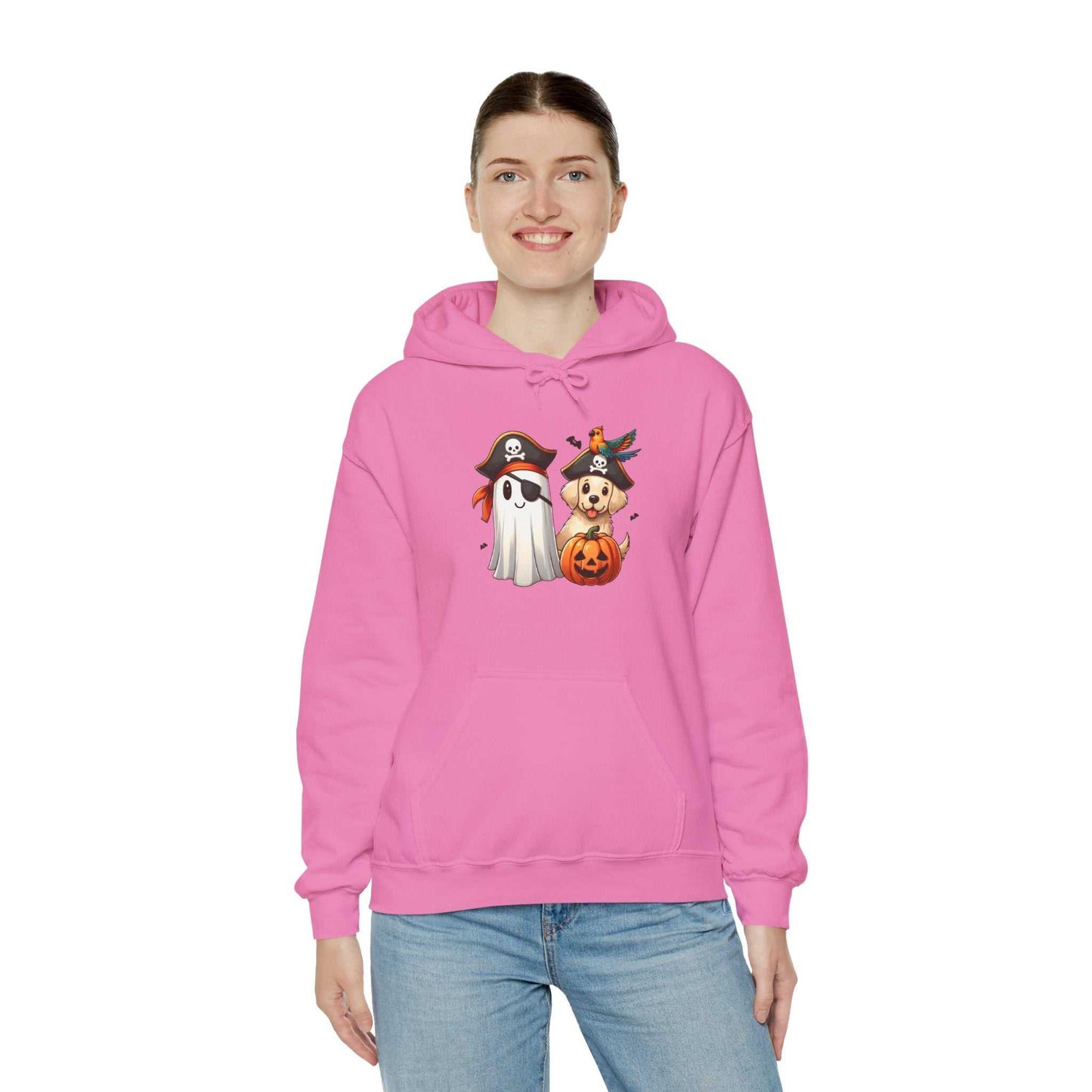 Person wearing a pink hoodie with Halloween-themed design on a white background