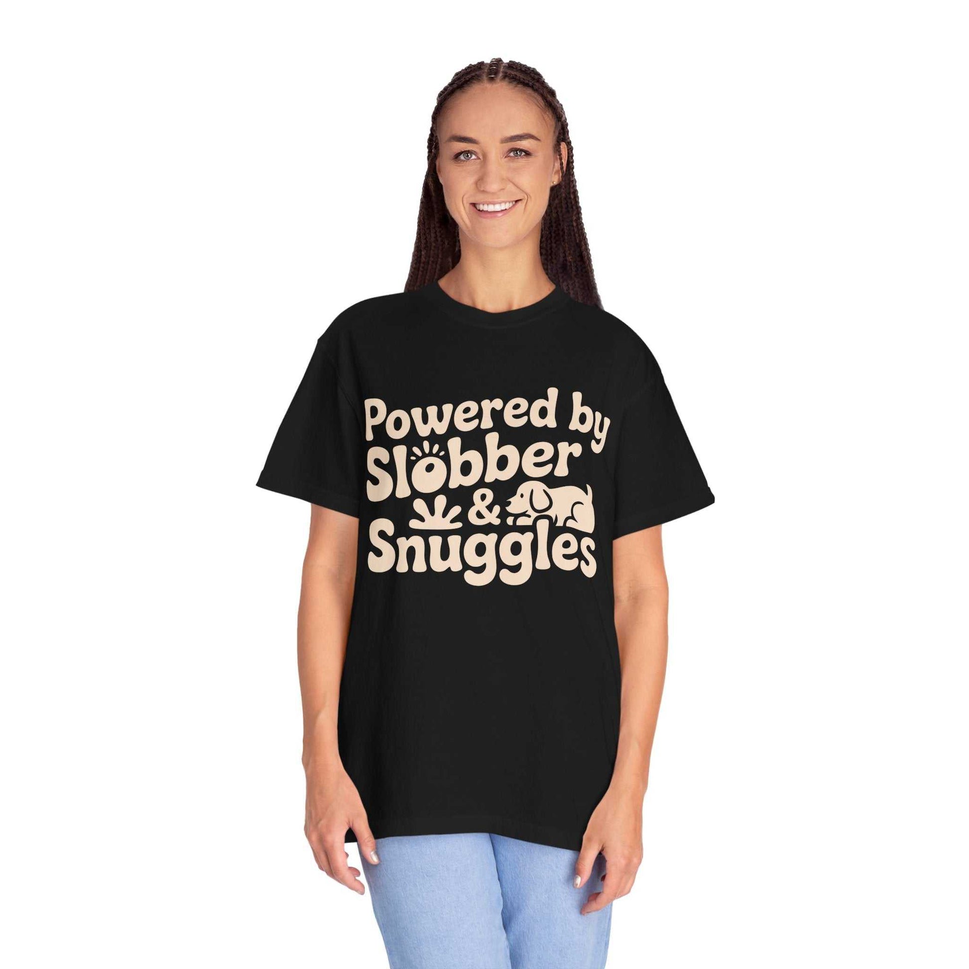 Black t-shirt with "Powered by Slobber & Snuggles" graphic | Wag & Wear