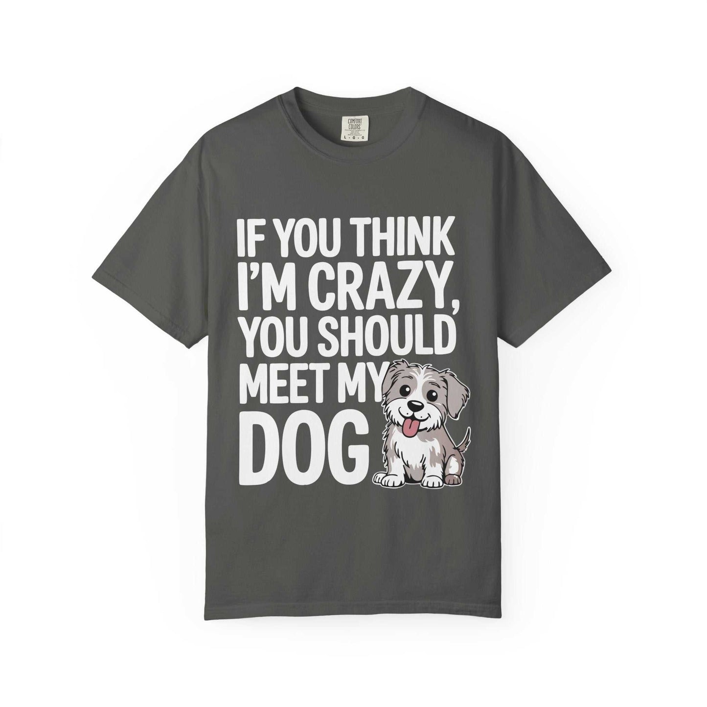 Gray t-shirt with a dog graphic and text on a white background