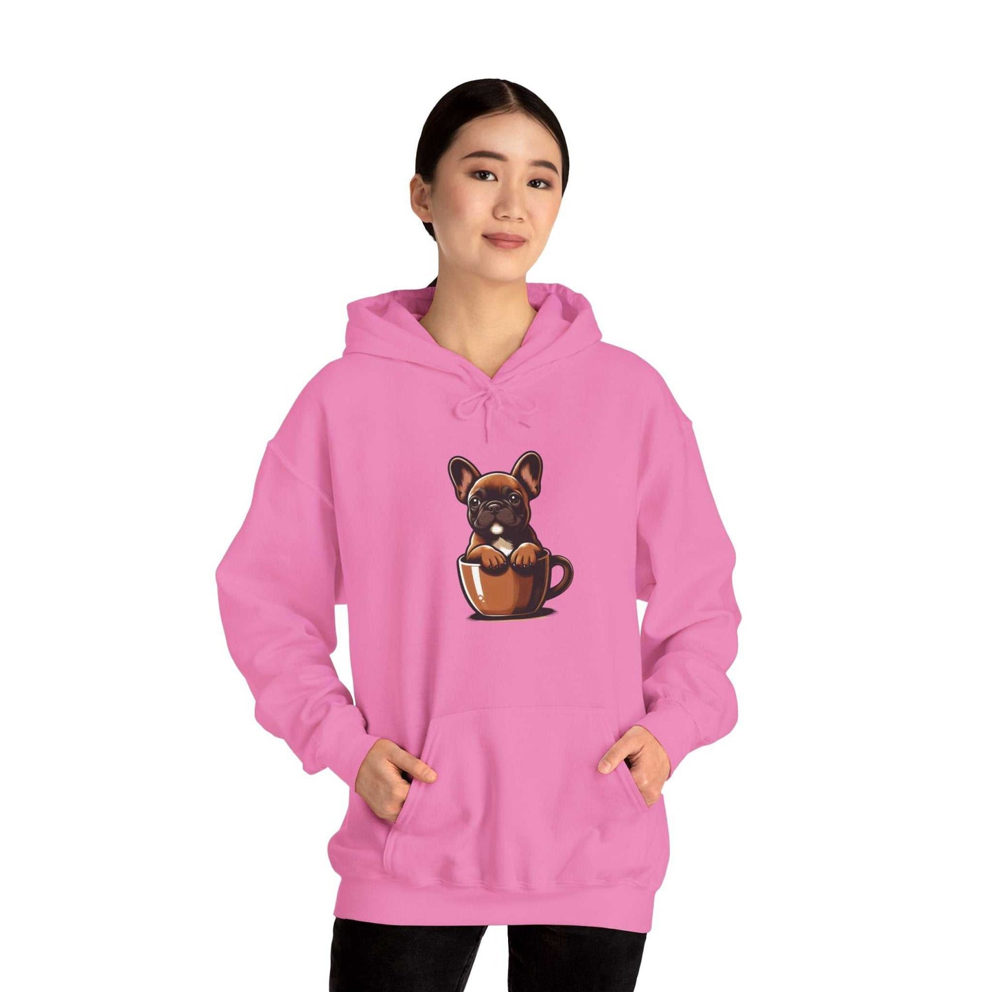 Person wearing a pink hoodie with a dog design on a white background