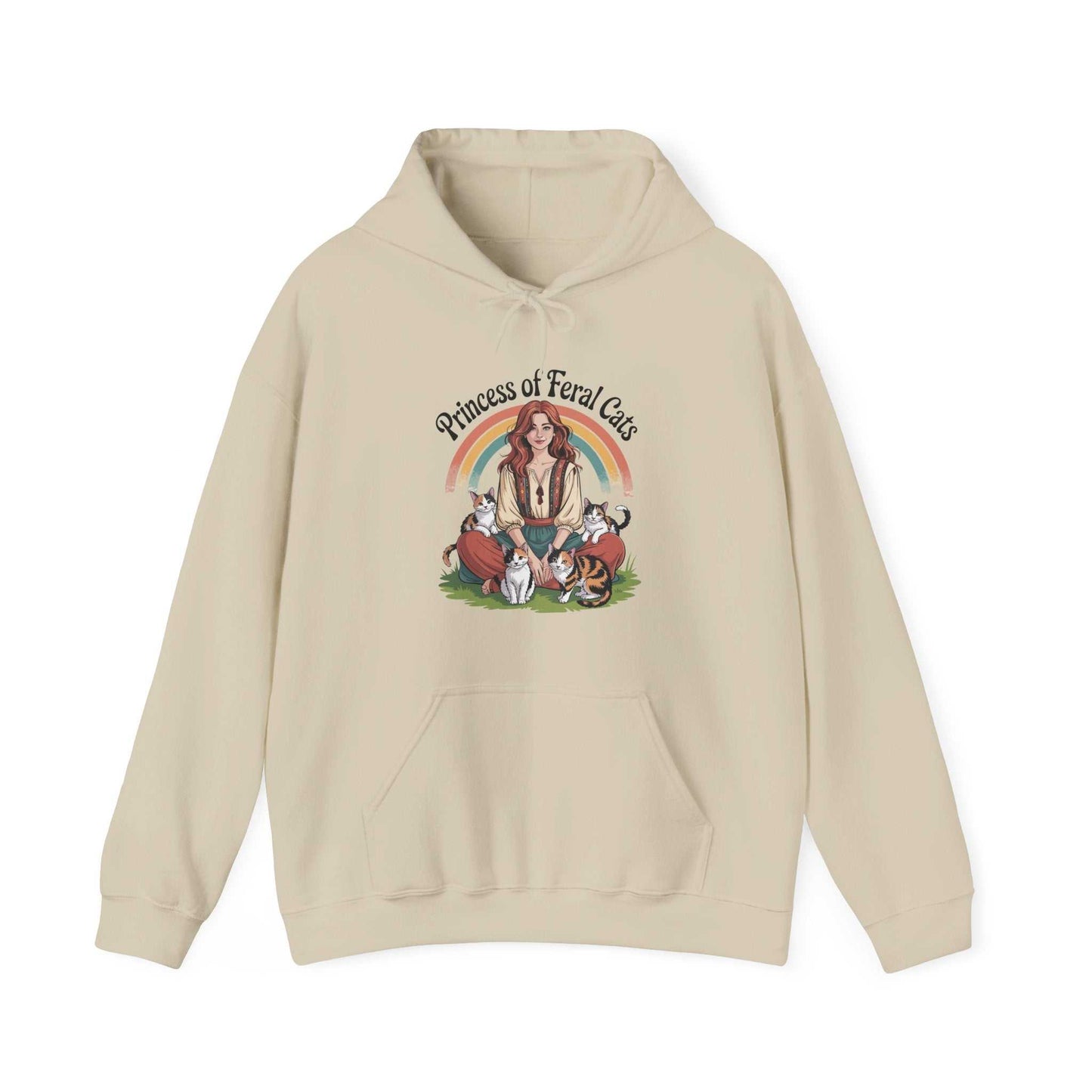 Beige hoodie with a graphic of a woman and cats, labeled 'Princess of Feral Cats', on a white background.