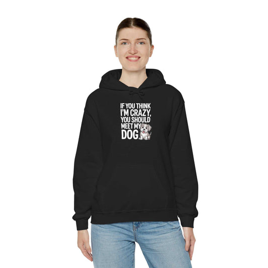 Person wearing a black hoodie with text and a graphic, standing against a white background