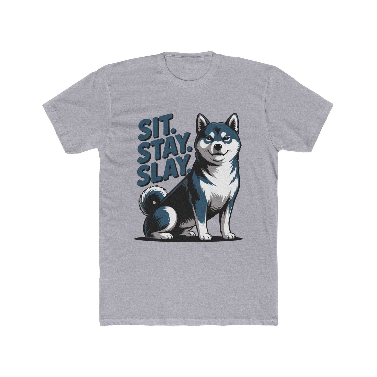 Gray t-shirt with a dog graphic and 'Sit. Stay. Slay.' text on a white background
