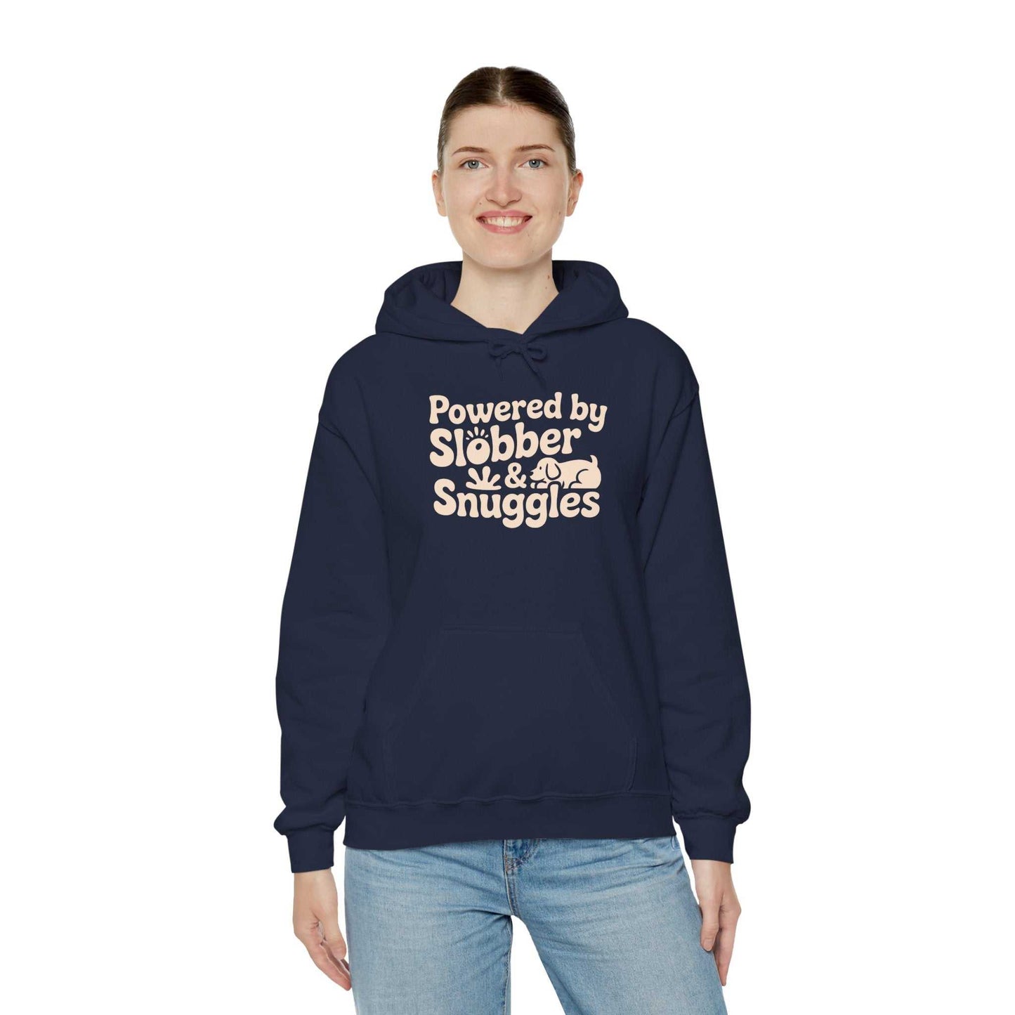 Person wearing a navy hoodie with 'Powered by Slebber & Snuggles' text on a white background