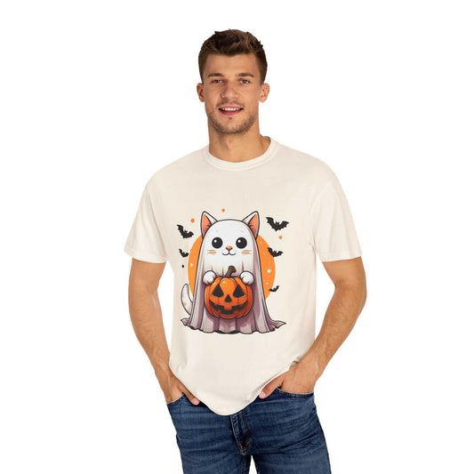 Man wearing a white t-shirt with a Halloween-themed graphic of a ghost cat and pumpkin.