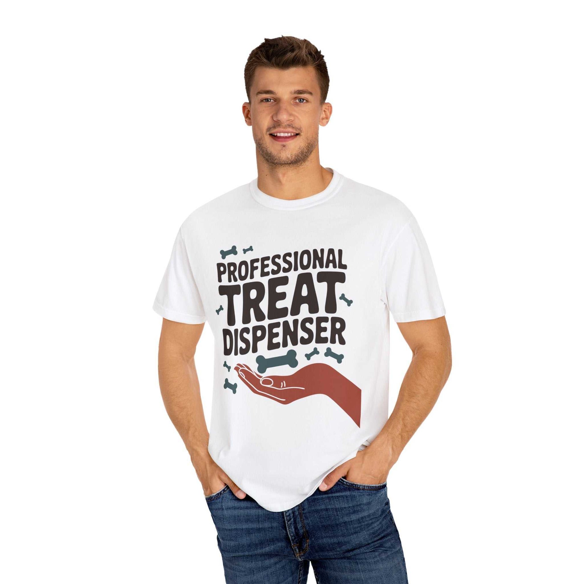 Man wearing a white t-shirt with 'Professional Treat Dispenser' text and graphics on a white background
