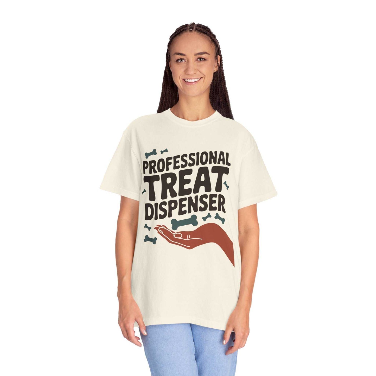 Person wearing a cream t-shirt with 'Professional Treat Dispenser' text and graphic on a white background