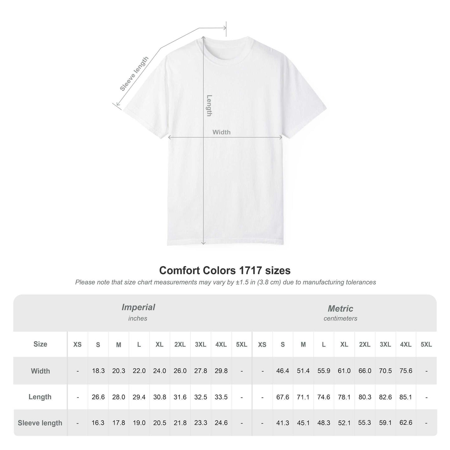 White t-shirt with measurement chart on a white background