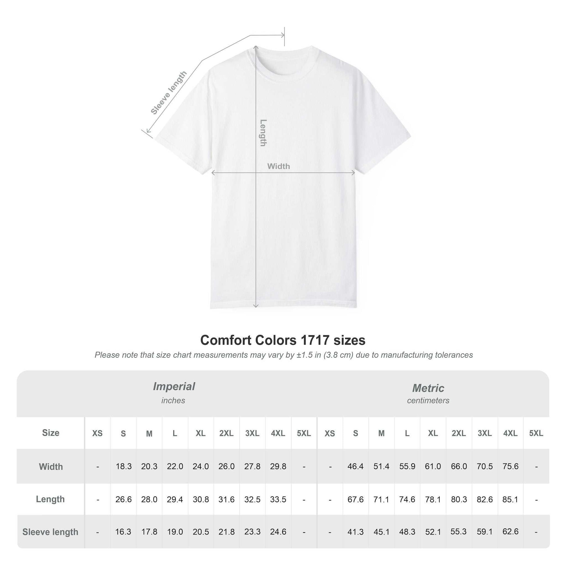 White t-shirt with measurement chart on a white background