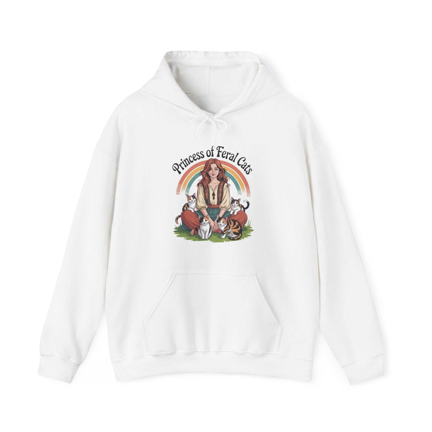White hoodie with a graphic design of a woman and cats, labeled 'Princess of Feral Cats', on a white background.