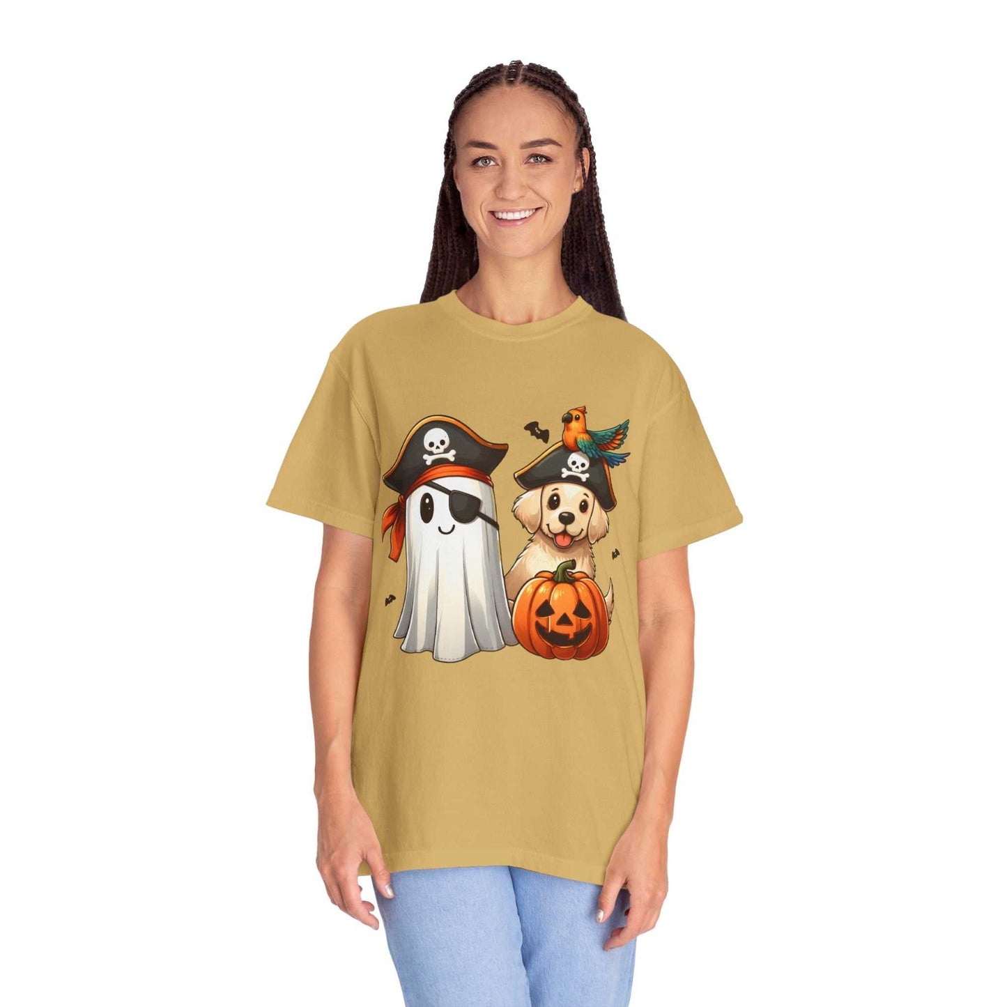 Woman wearing a mustard yellow t-shirt with Halloween-themed graphics on a white background