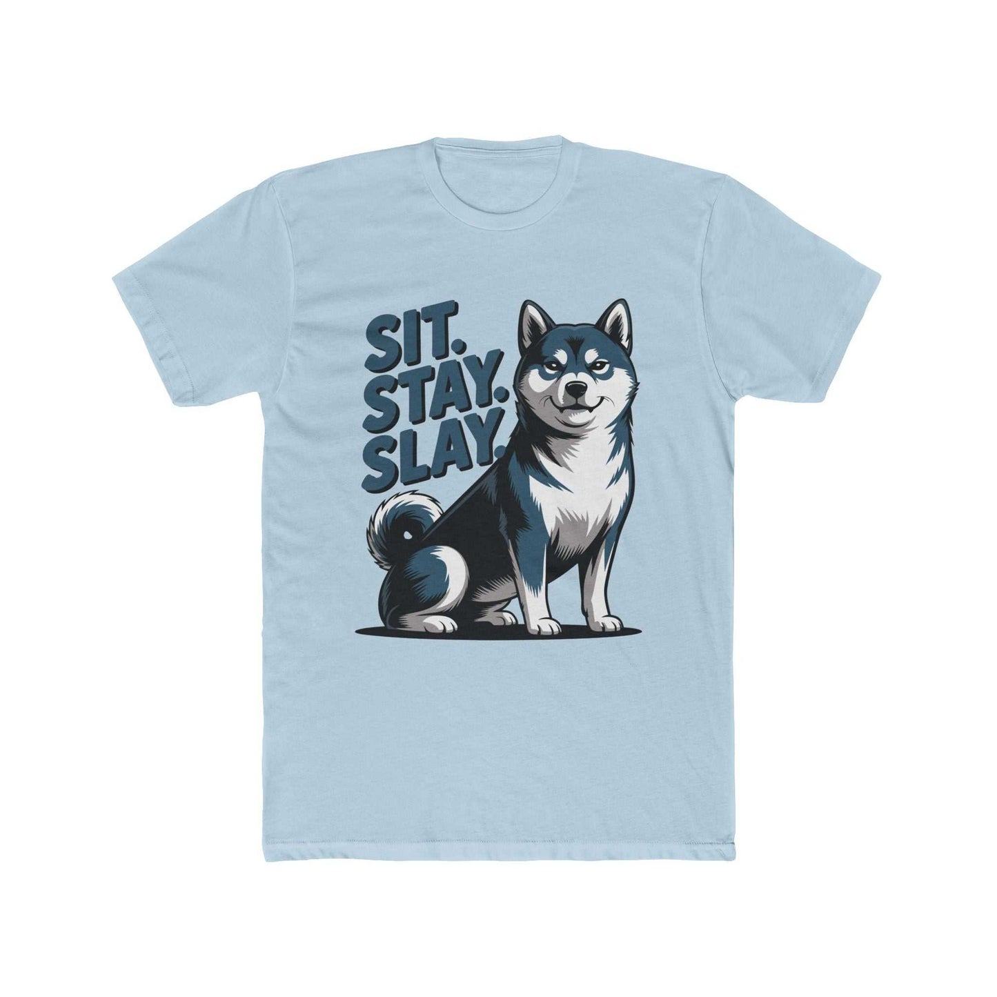 Light blue t-shirt with a dog graphic and 'Sit. Stay. Slay.' text on a white background
