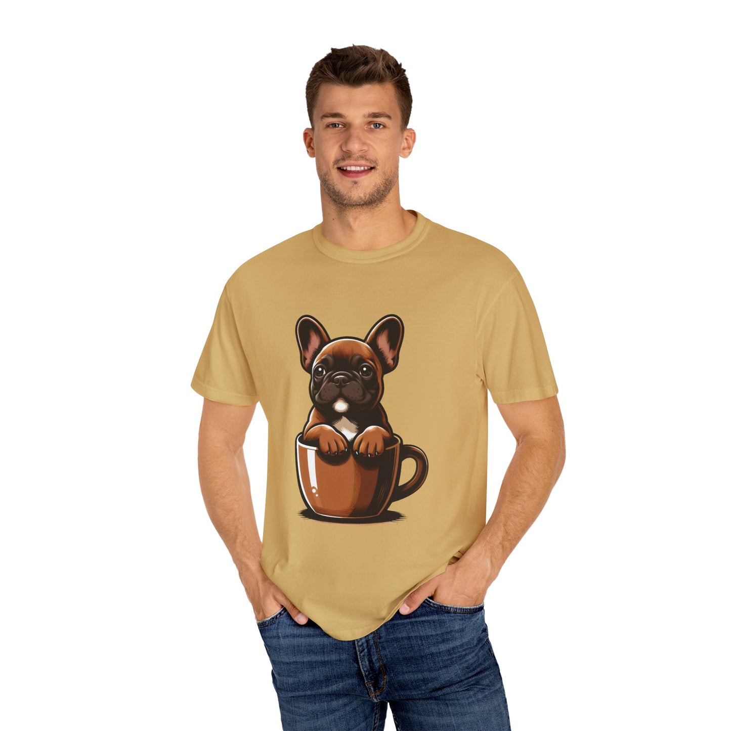 Man wearing a beige t-shirt with a dog in a cup design on a white background