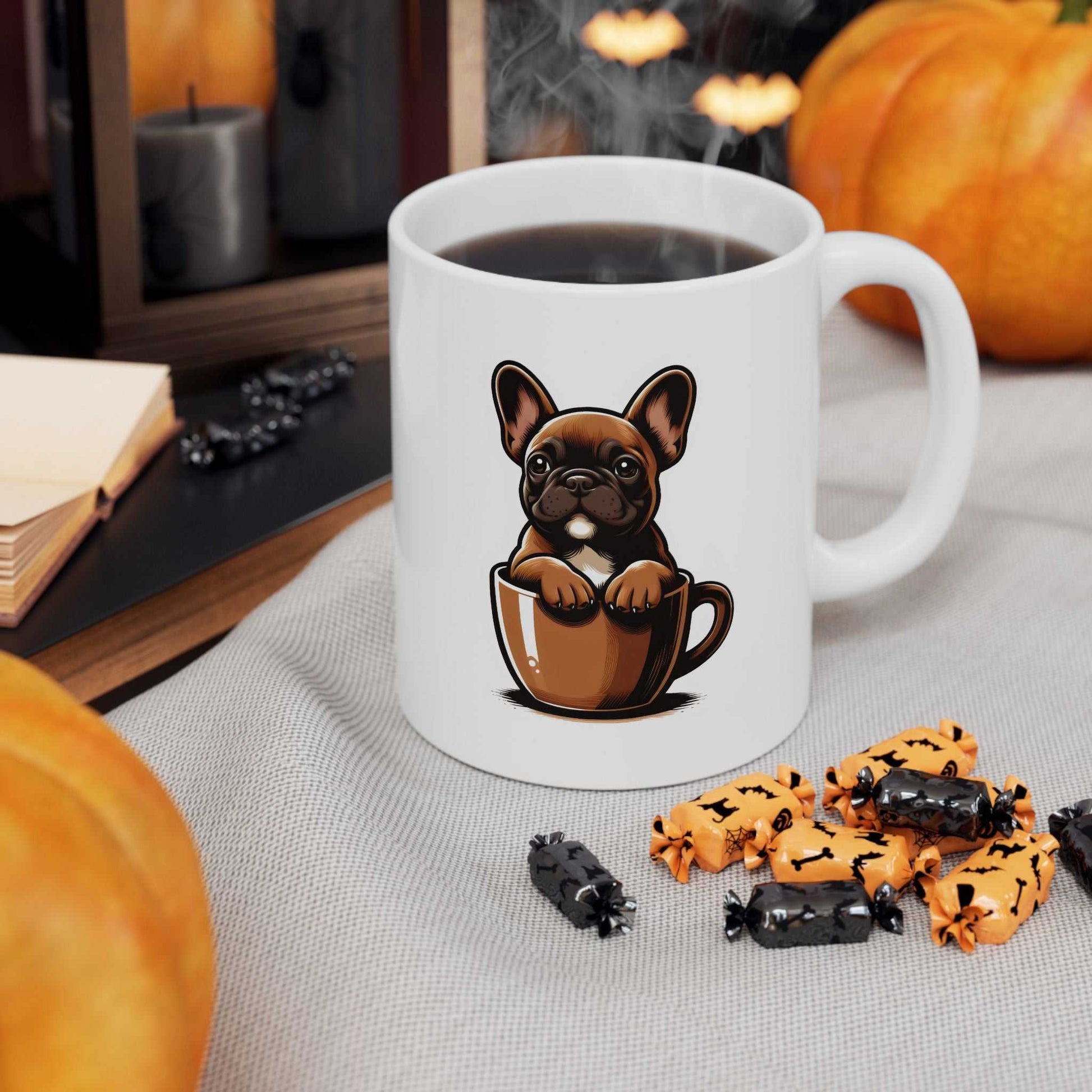 White mug with a dog illustration holding a cup, surrounded by Halloween-themed cookies on a table.