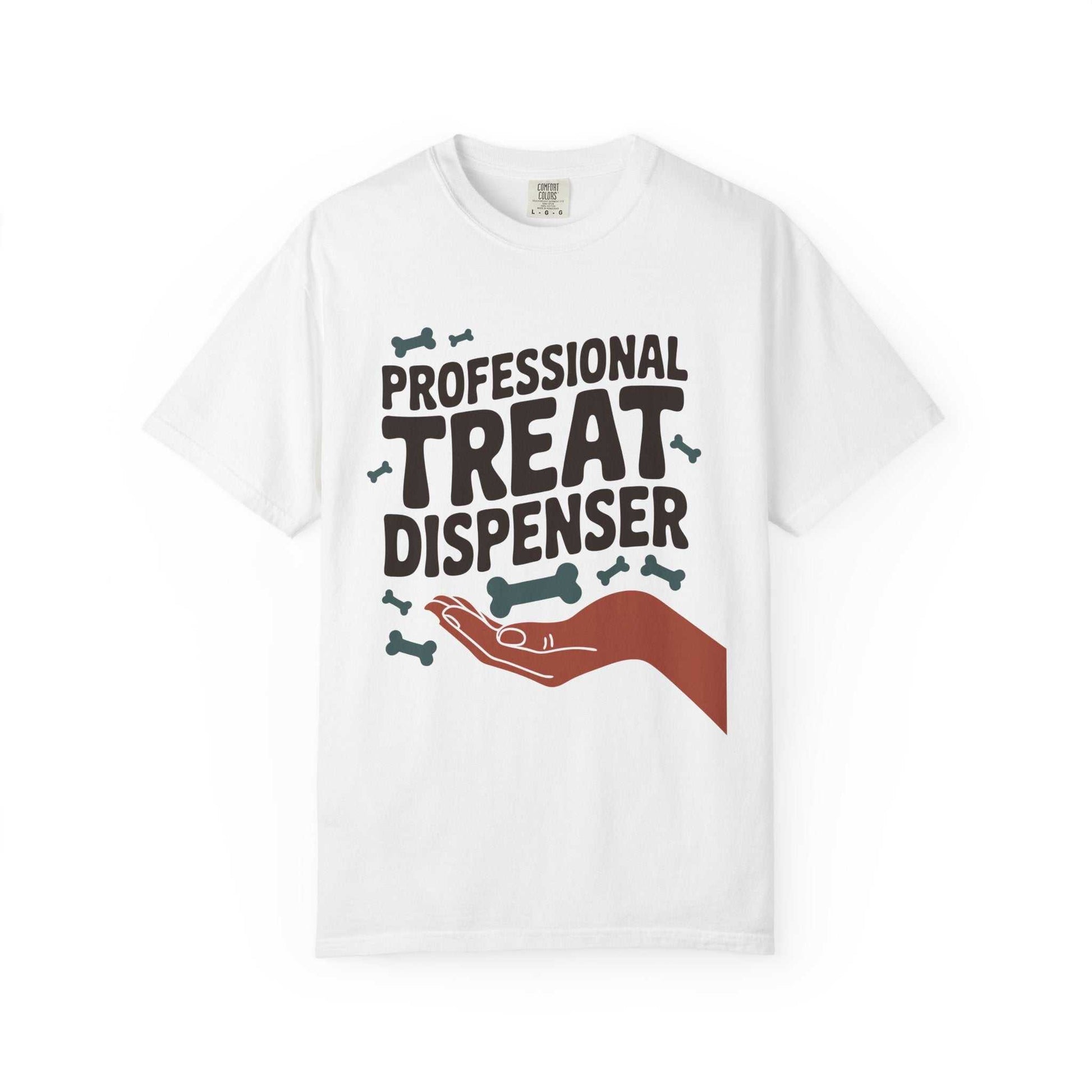 White t-shirt with 'Professional Treat Dispenser' text and graphic on a white background