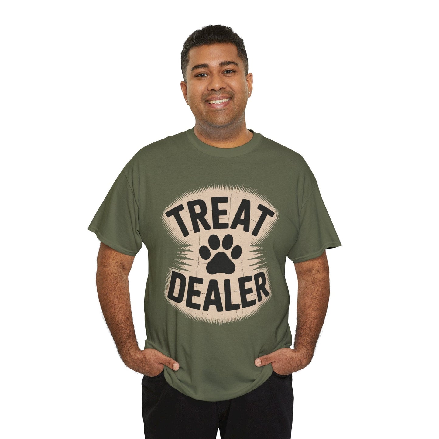Man wearing a green t-shirt with 'Treat Dealer' print on a white background