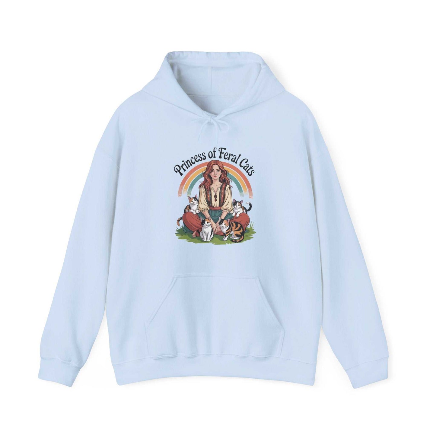 Light blue hoodie with a graphic of a woman and cats, labeled 'Princess of Feral Cats', on a white background.