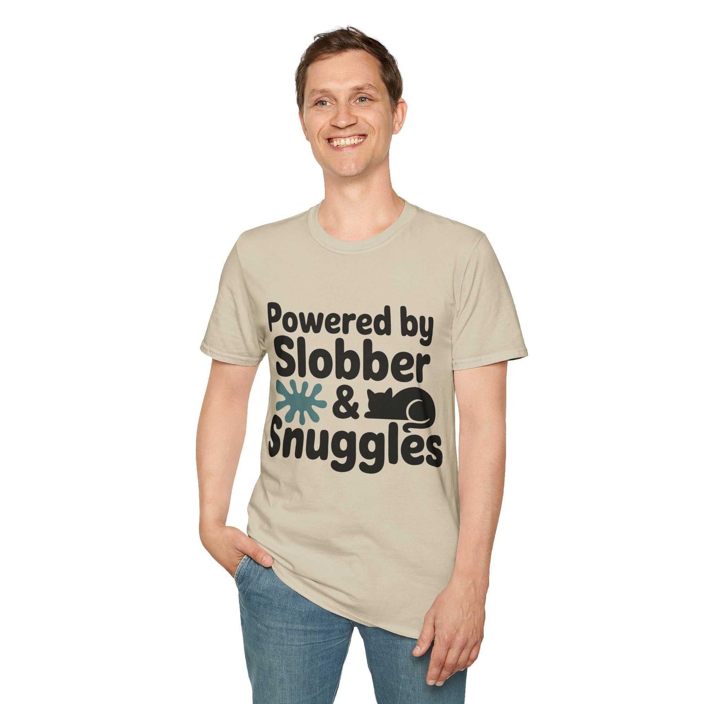 Person wearing a beige t-shirt with 'Powered by Slobber & Snuggles' text on a white background