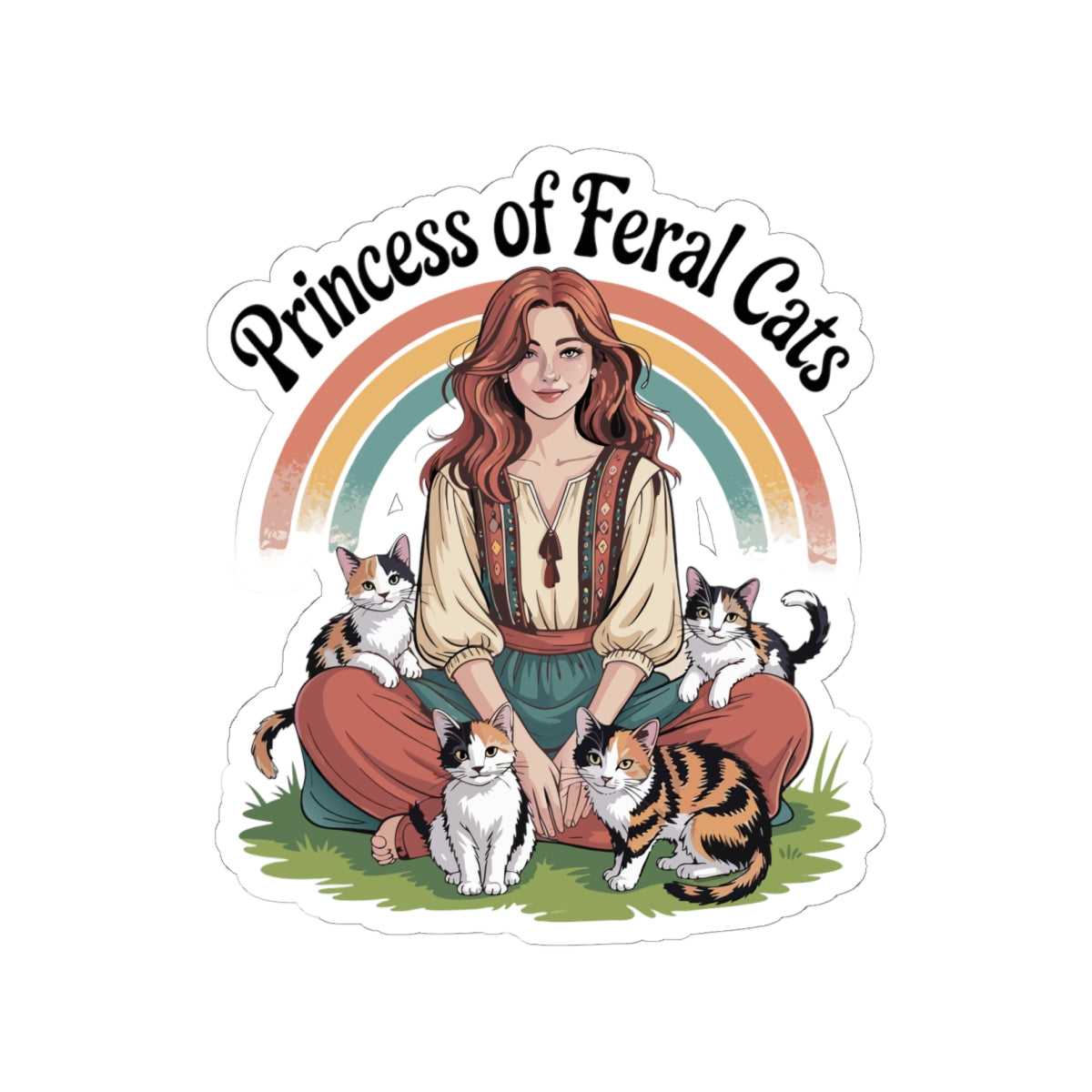 Sticker with illustration of a woman surrounded by cats and a rainbow, with 'Princess of Feral Cats' text.