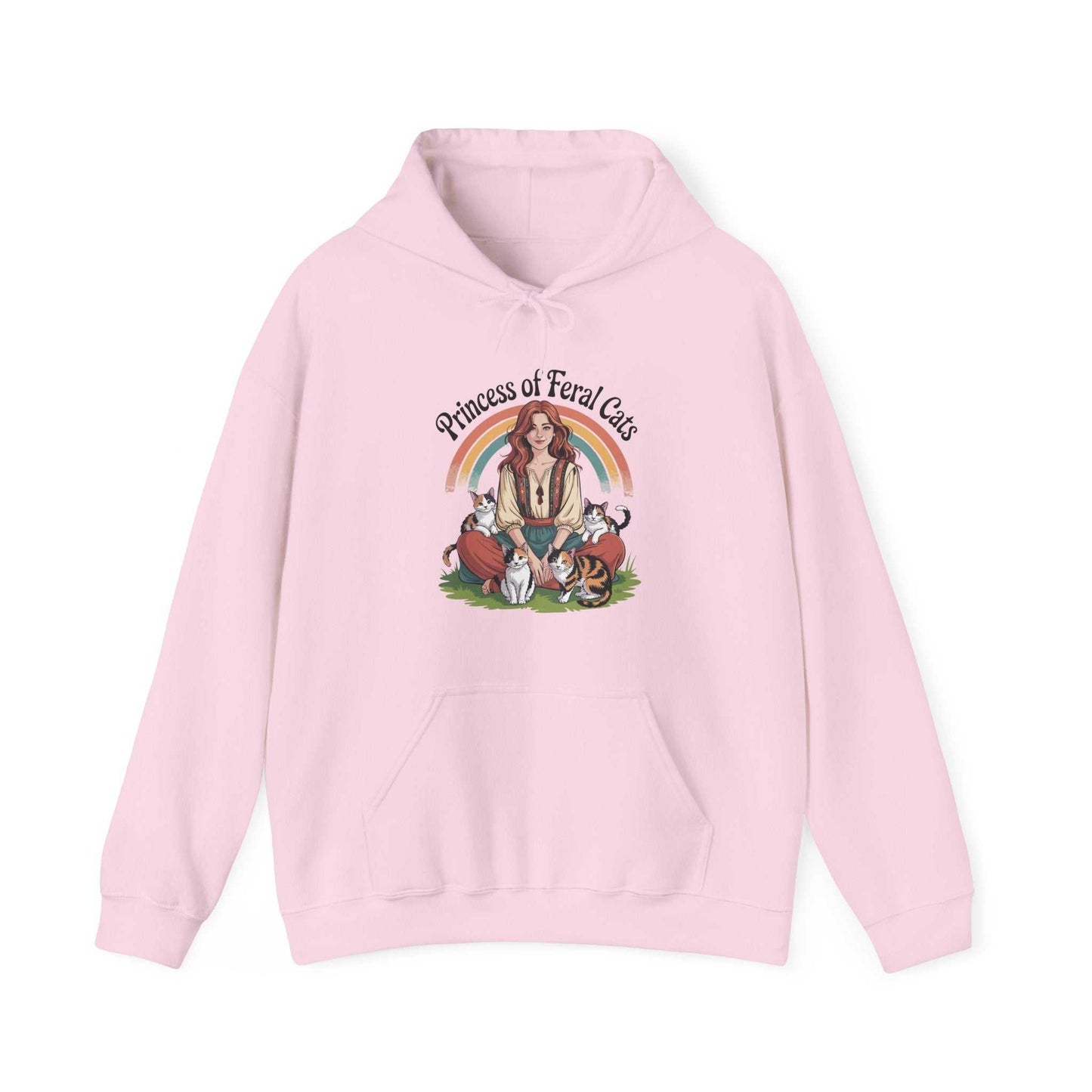 Pink hoodie with a graphic design of a woman and cats, labeled 'Princess of Feral Cats', on a white background.