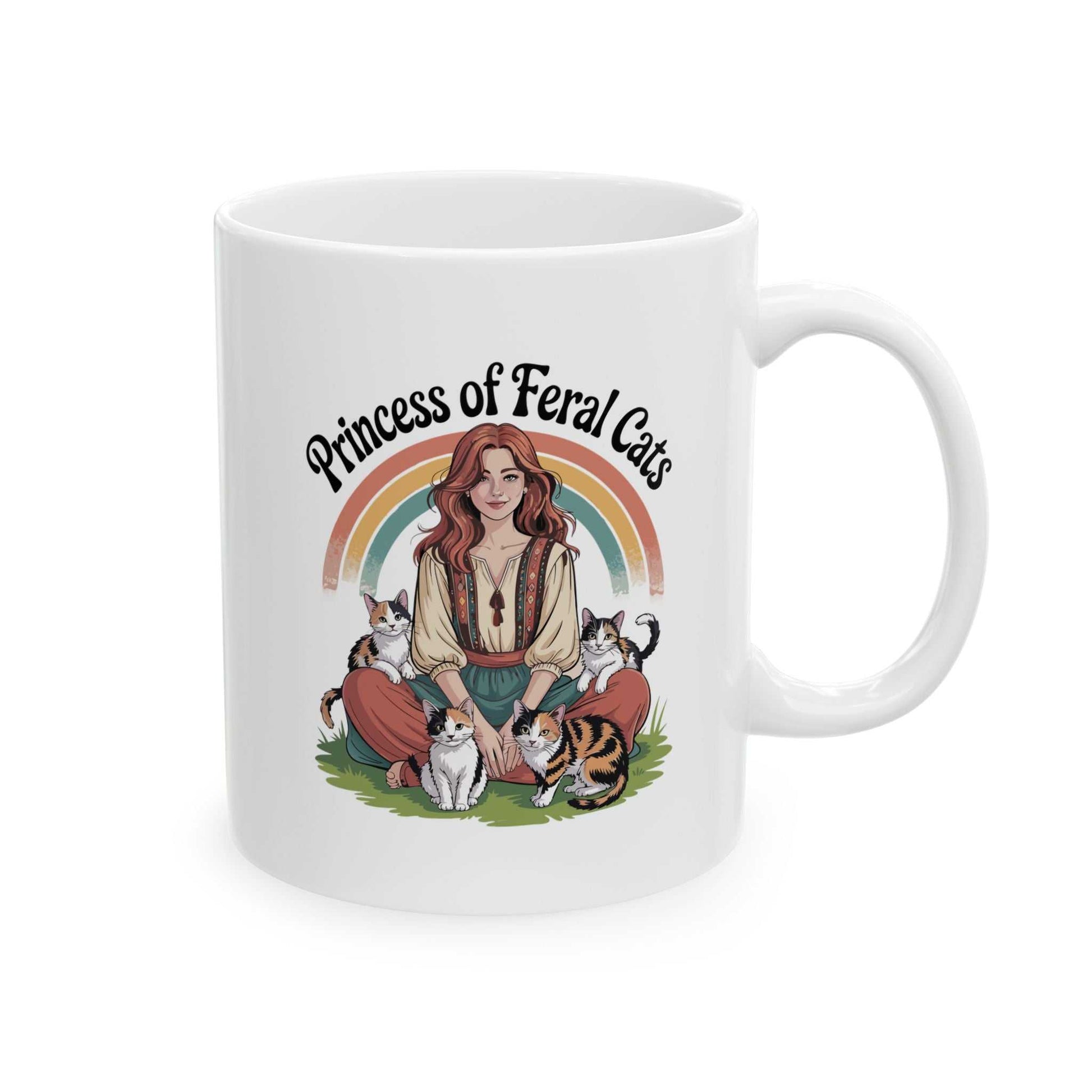 White mug with a graphic of a woman surrounded by cats and the text 'Princess of Feral Cats' on a rainbow background.