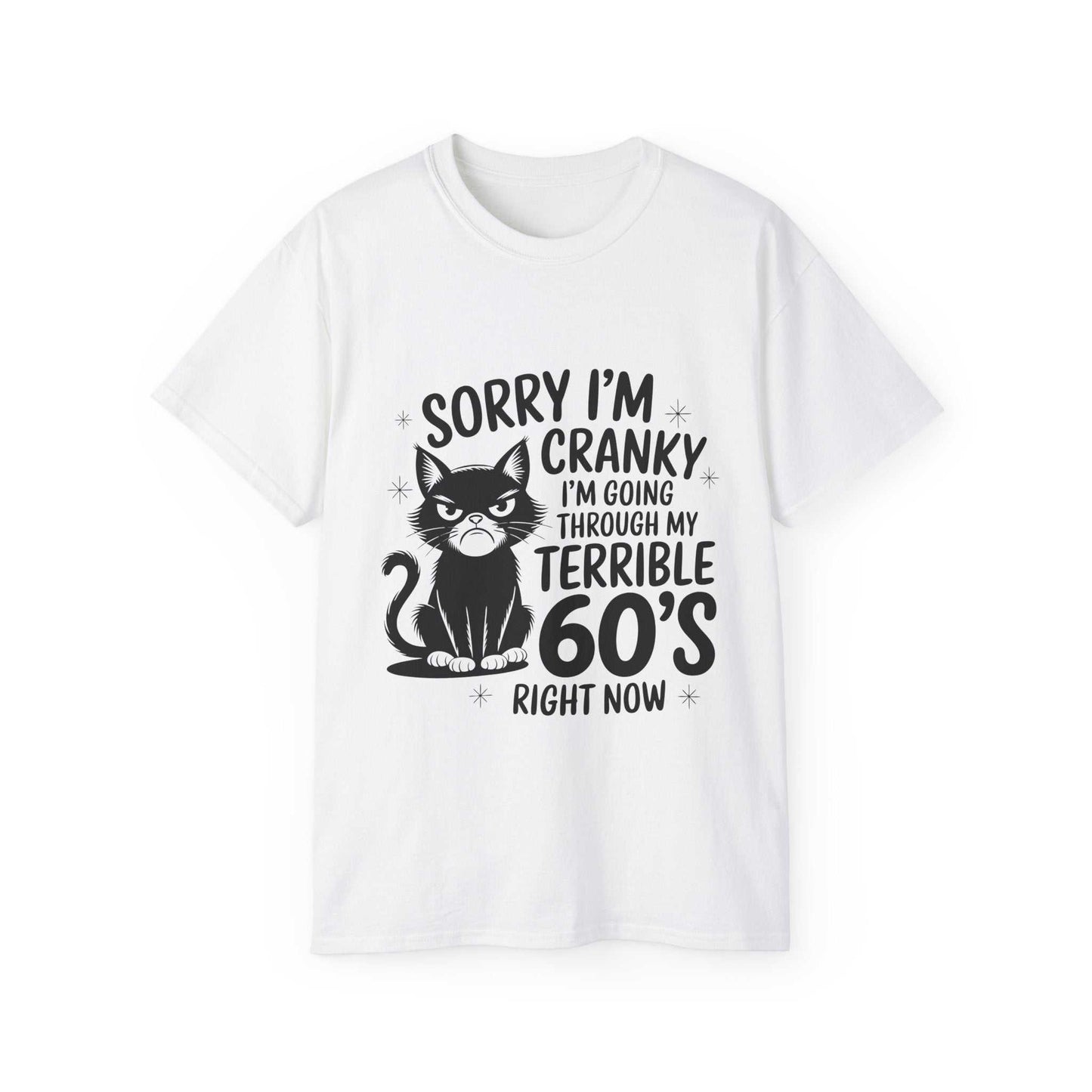 White t-shirt with a black cat graphic and text on a white background