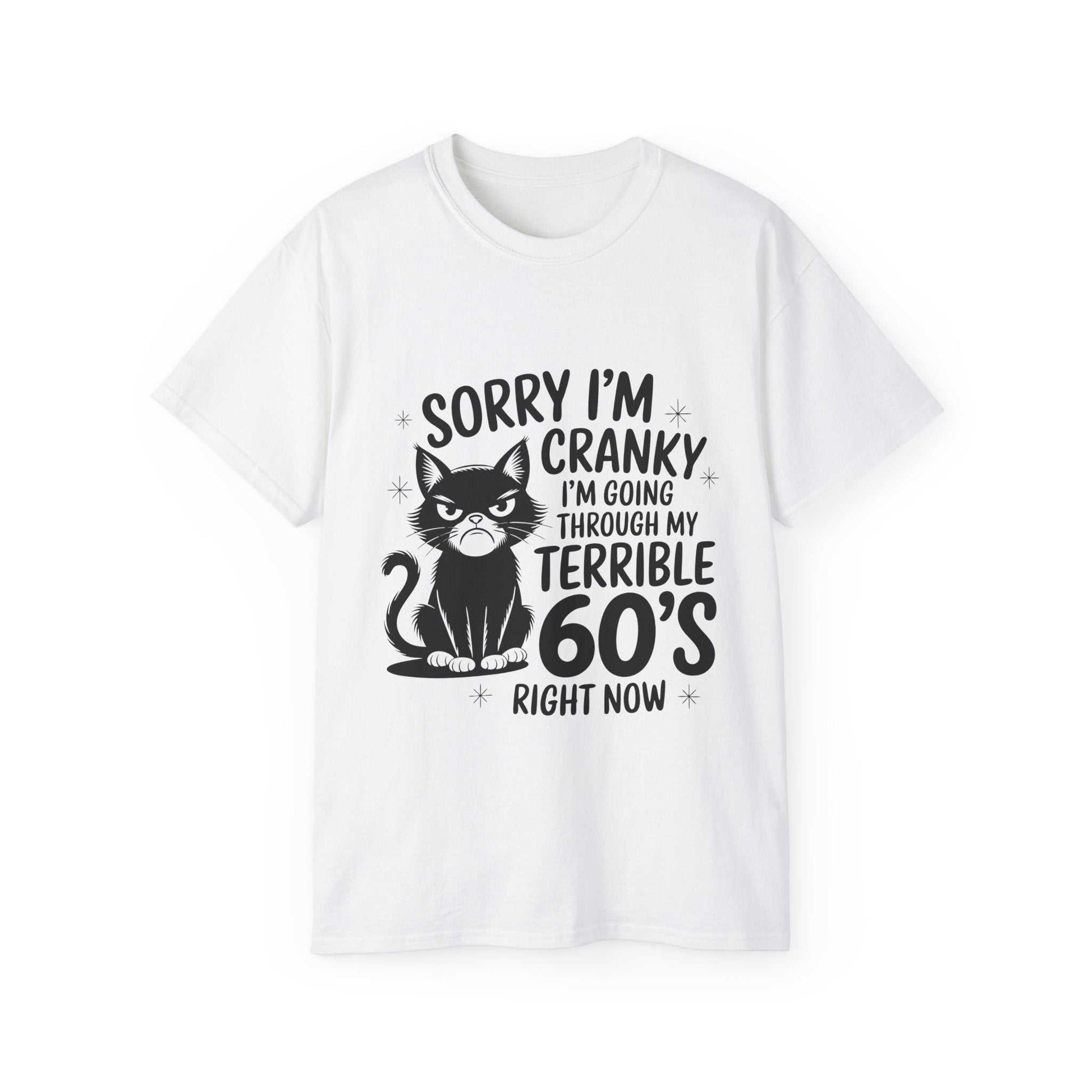 White t-shirt with a black cat graphic and text on a white background