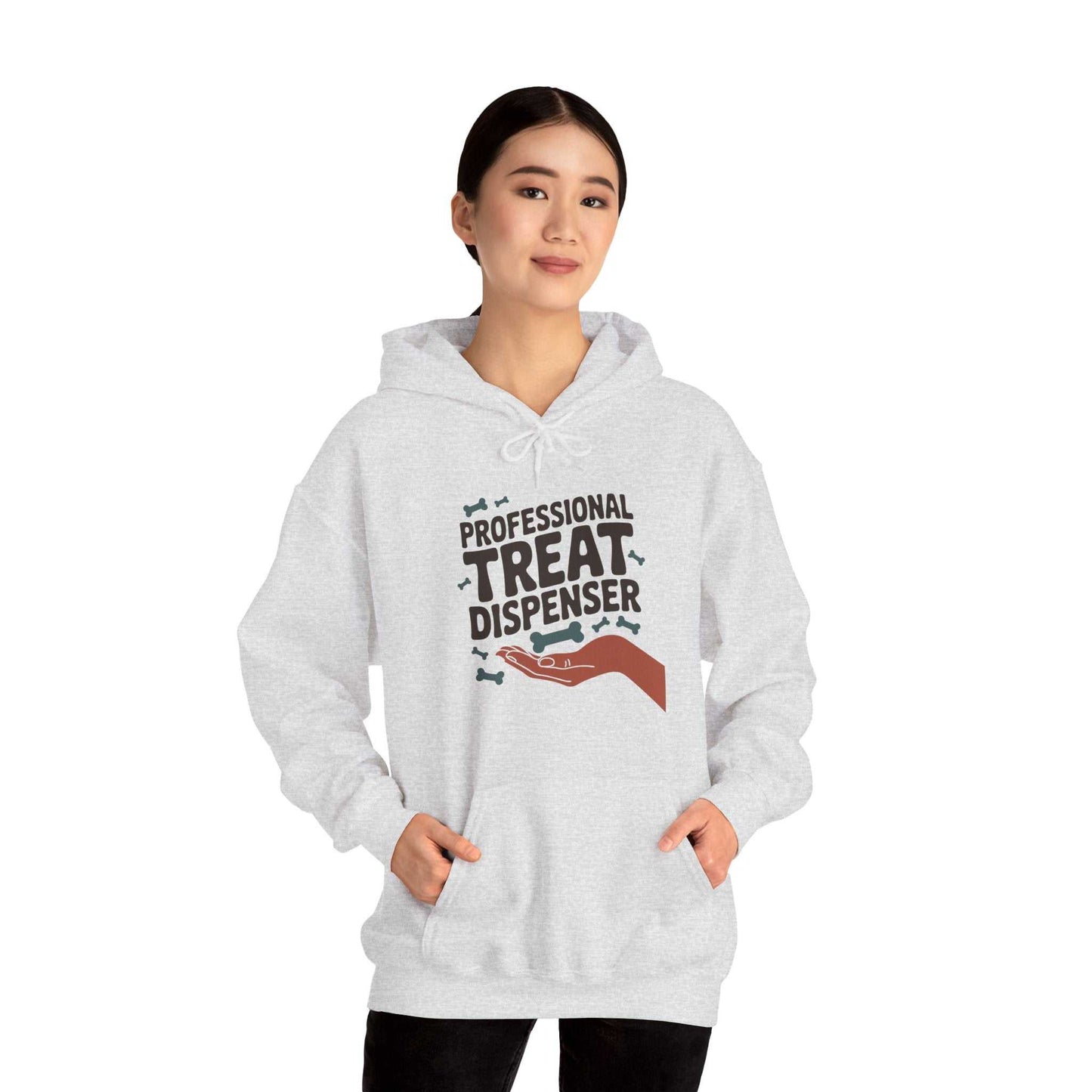 Person wearing a gray hoodie with 'Professional Treat Dispenser' text and graphic on a white background
